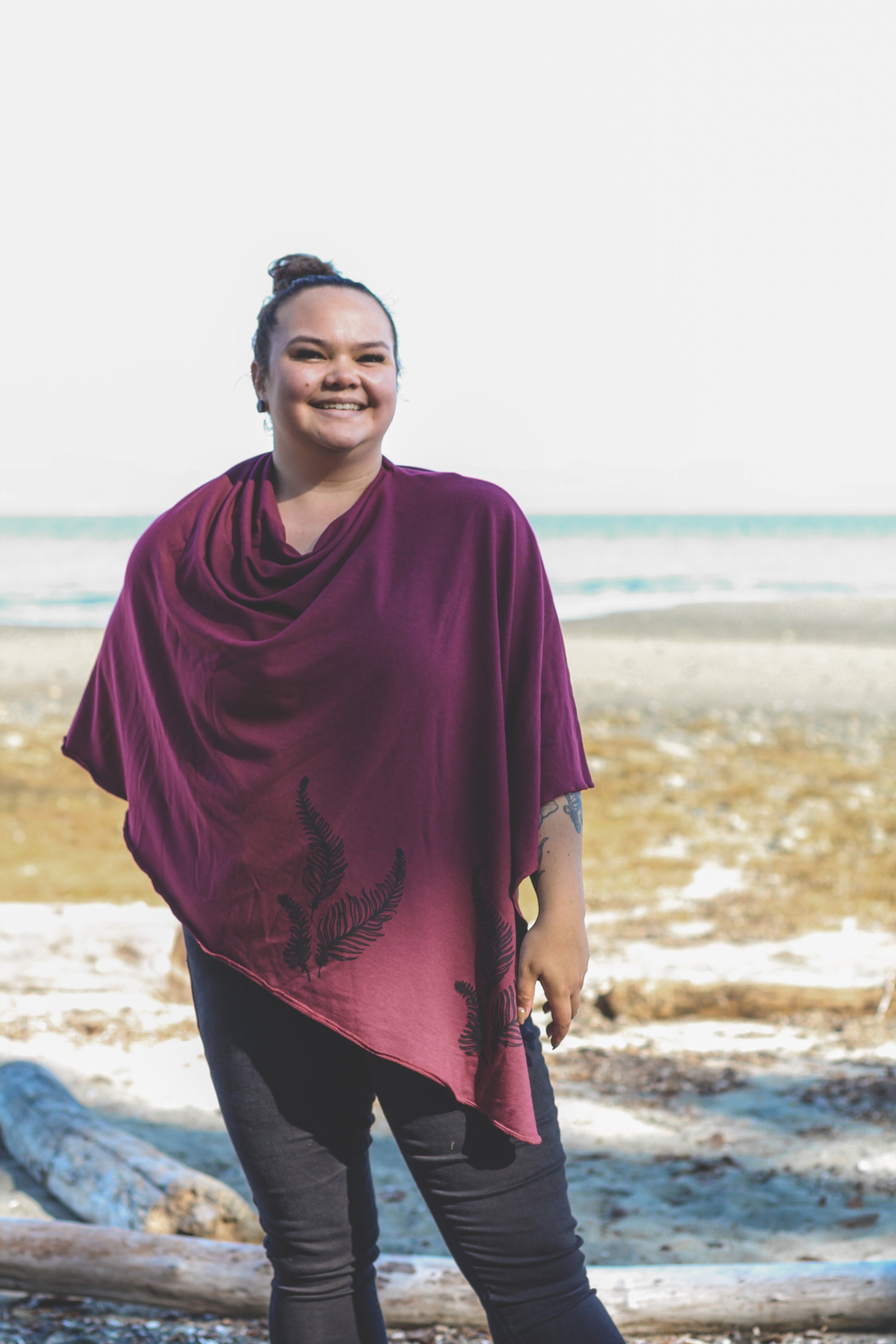 Merlot Poncho with Fern Print