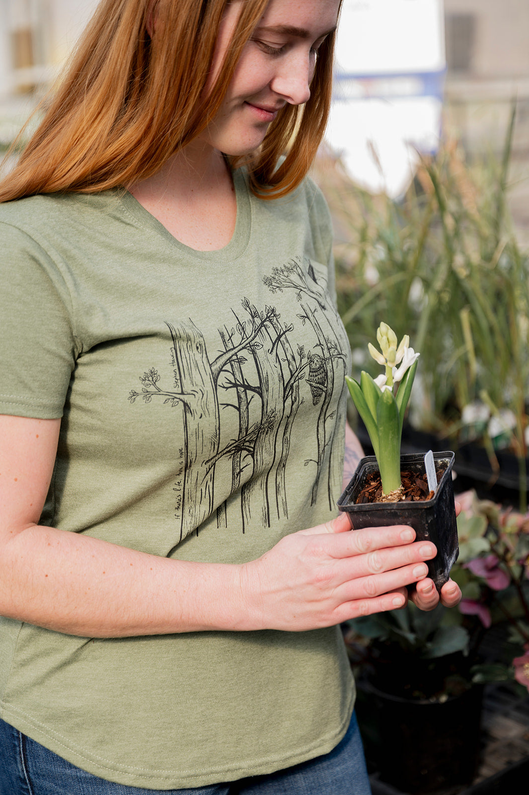 SPRING TREES - Women's Eco Tee - Heather Army Green