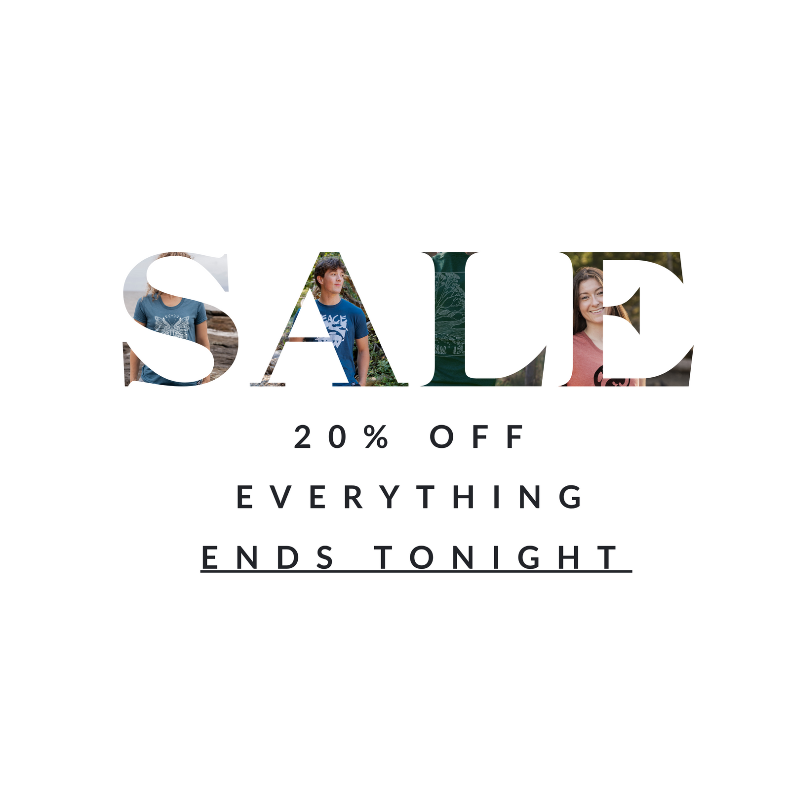 A promotional sale graphic on a white background with the word SALE in large letters filled with small photos of people, plus the text '20% OFF EVERYTHING ENDS TONIGHT' in black.