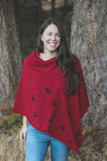 Scarlet Red Poncho with Birds Print