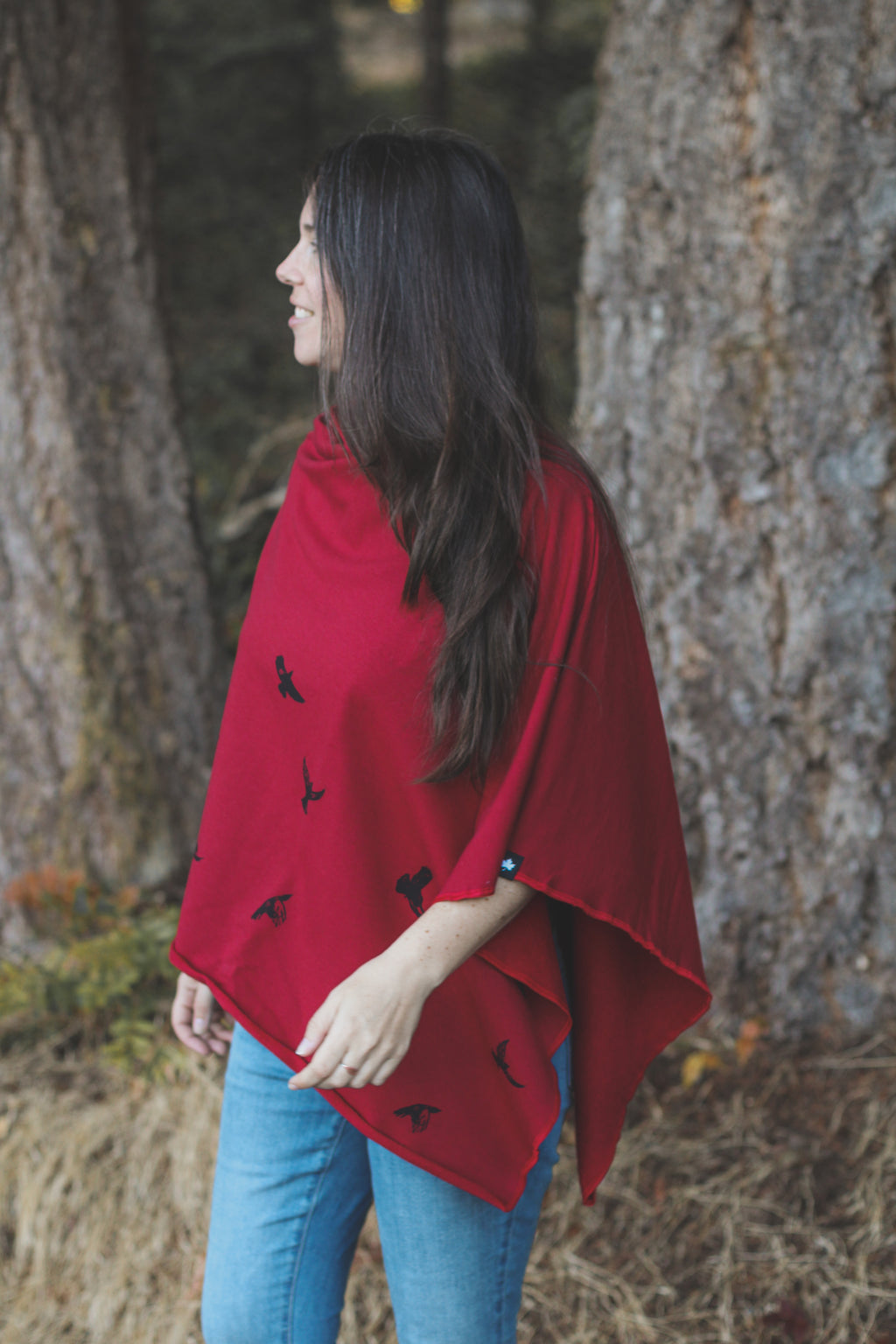 Scarlet Red Tencel Poncho with Birds Print