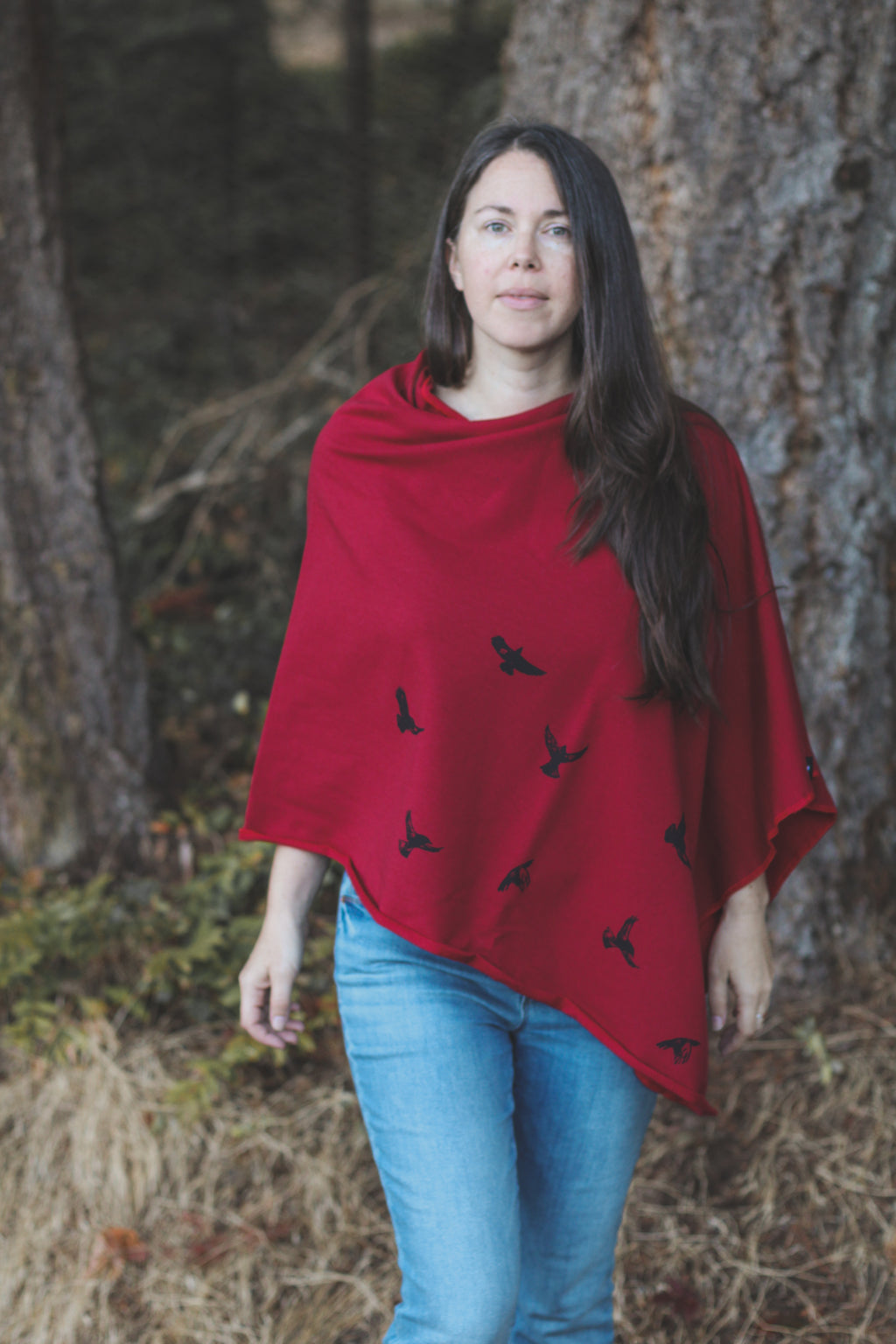 Scarlet Red Poncho with Birds Print