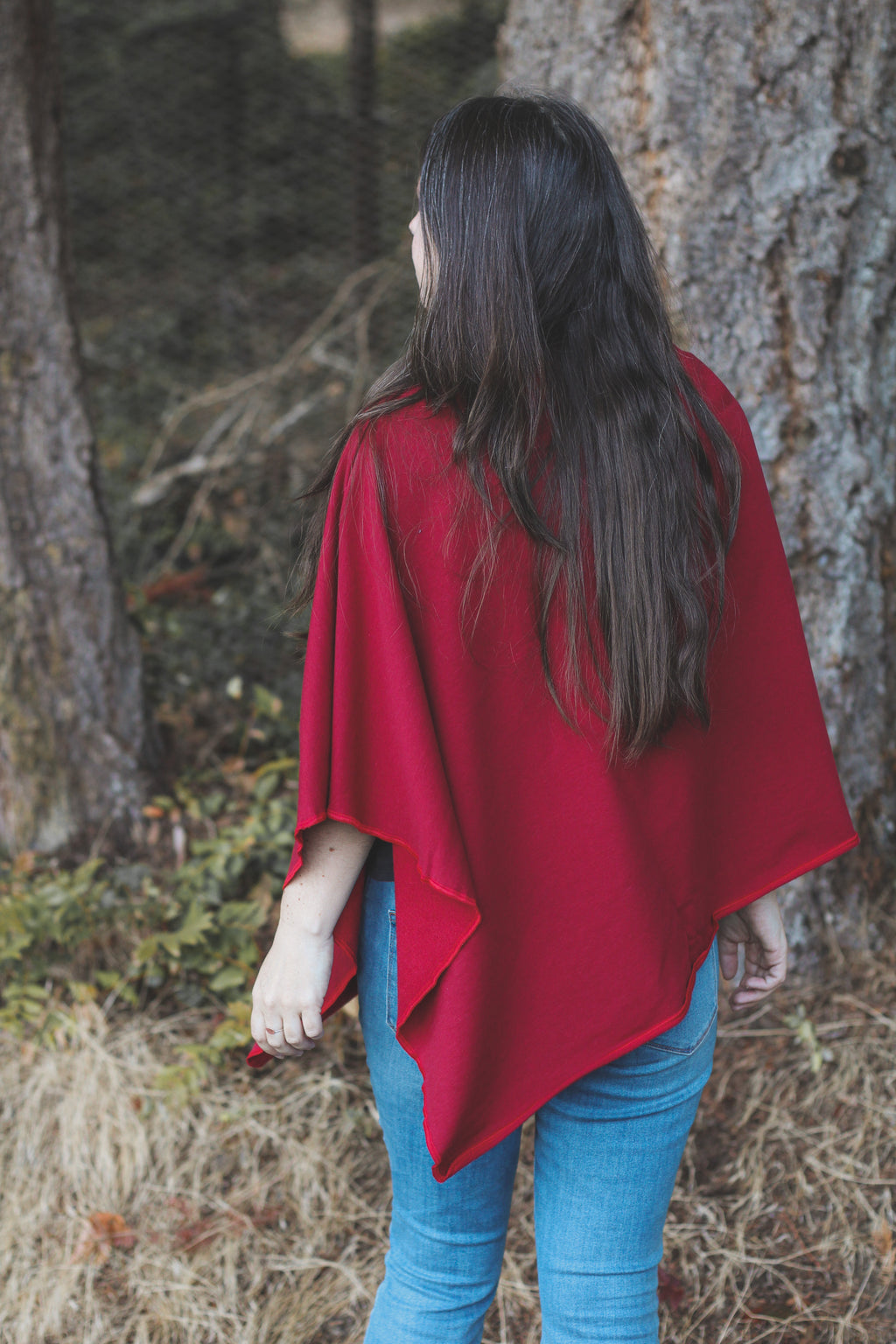 Scarlet Red Poncho with Birds Print