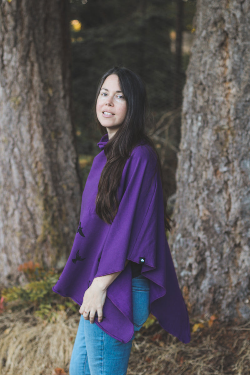 Eggplant Poncho with Birds Print