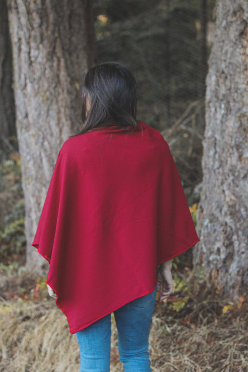 Scarlet Red Poncho with Fern Print