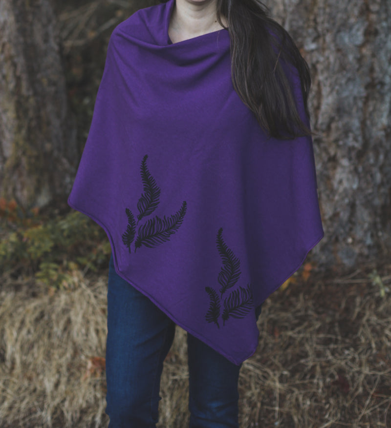 Eggplant Tencel Poncho with Fern Print