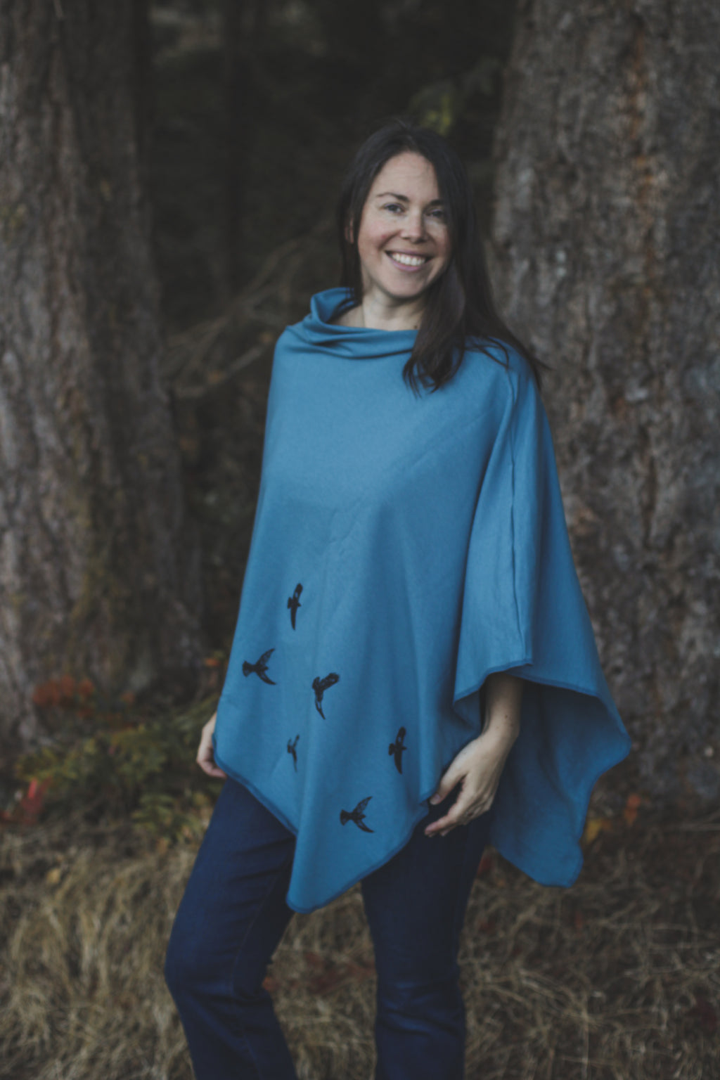 Stellar Blue Tencel Poncho with Birds Print