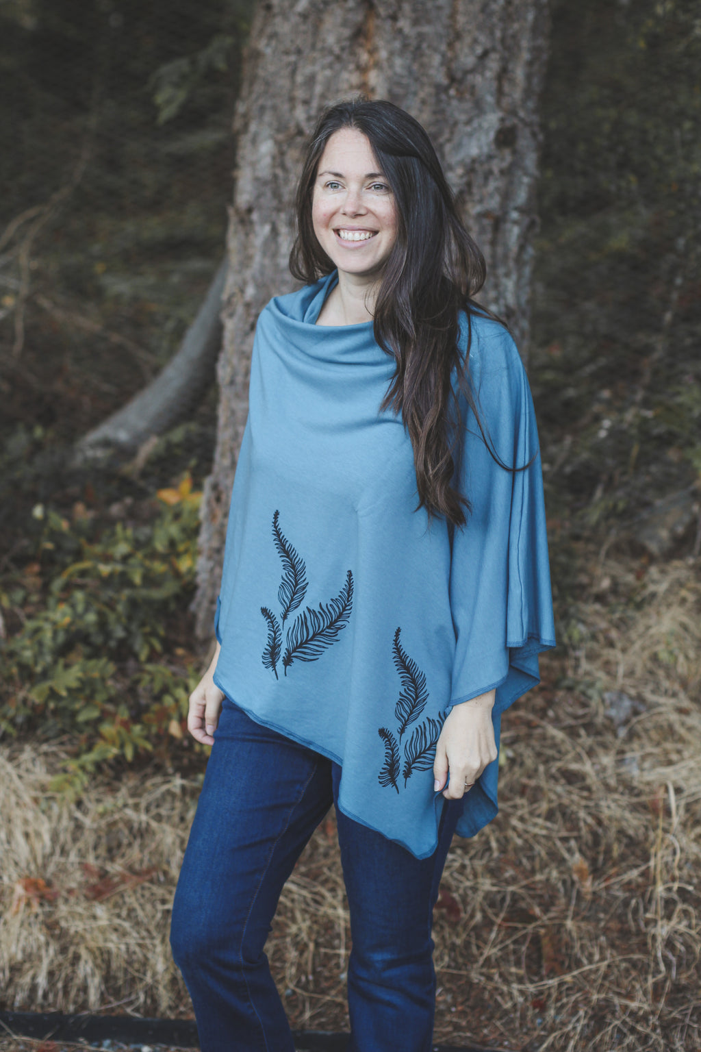 Stellar Blue Poncho with Fern Print