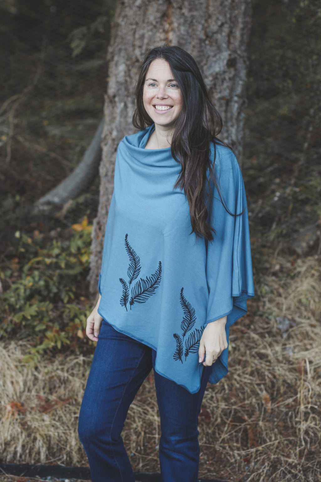 Stellar Blue Tencel Poncho with Fern Print