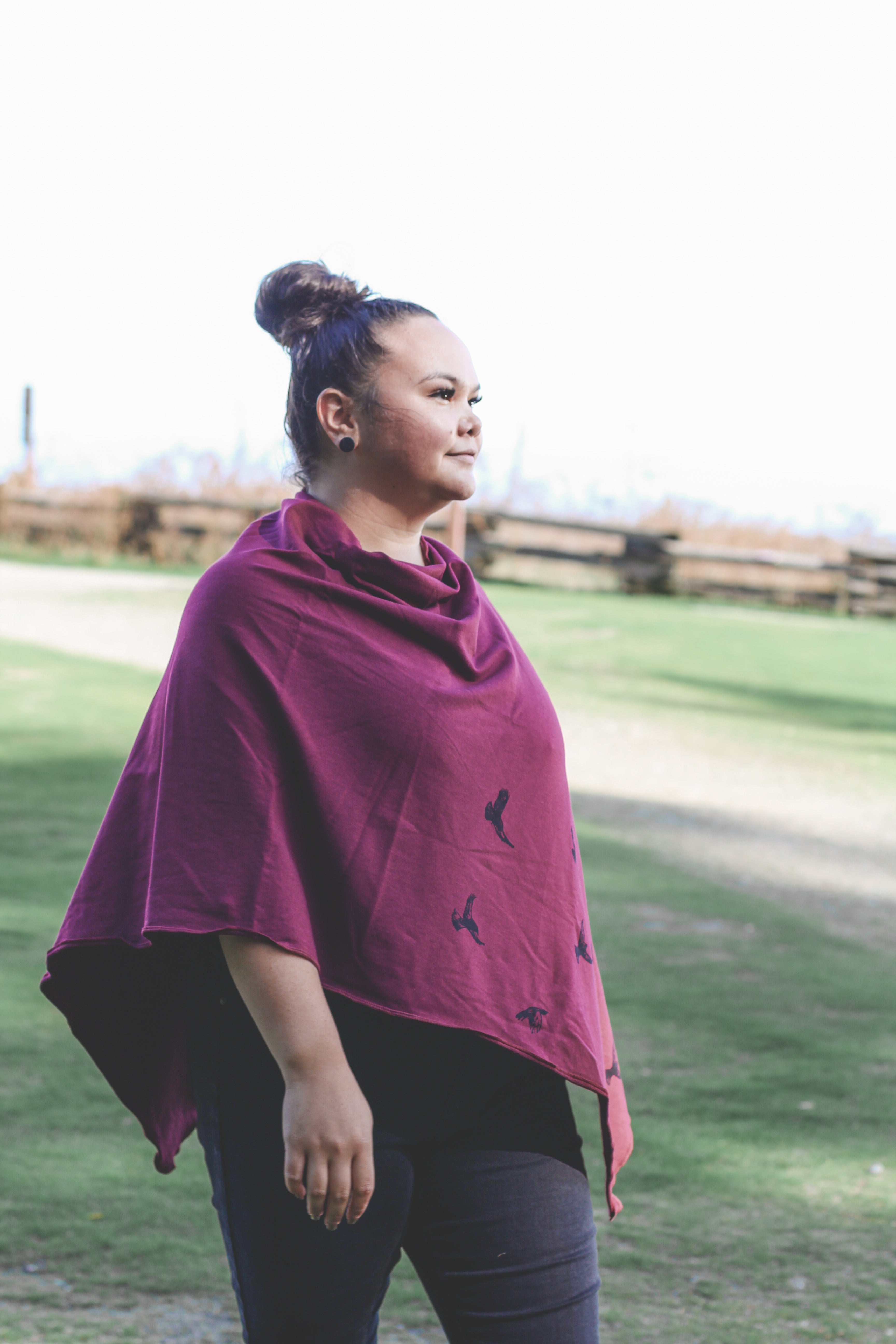 Merlot Poncho with Birds Print