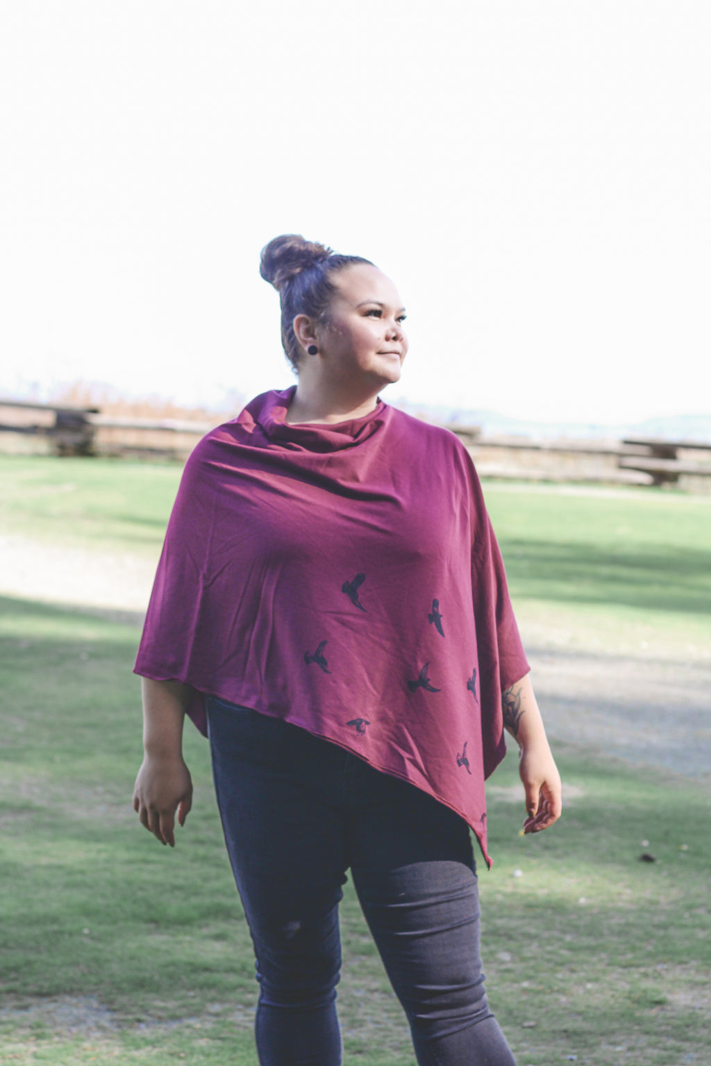 Merlot Poncho with Birds Print