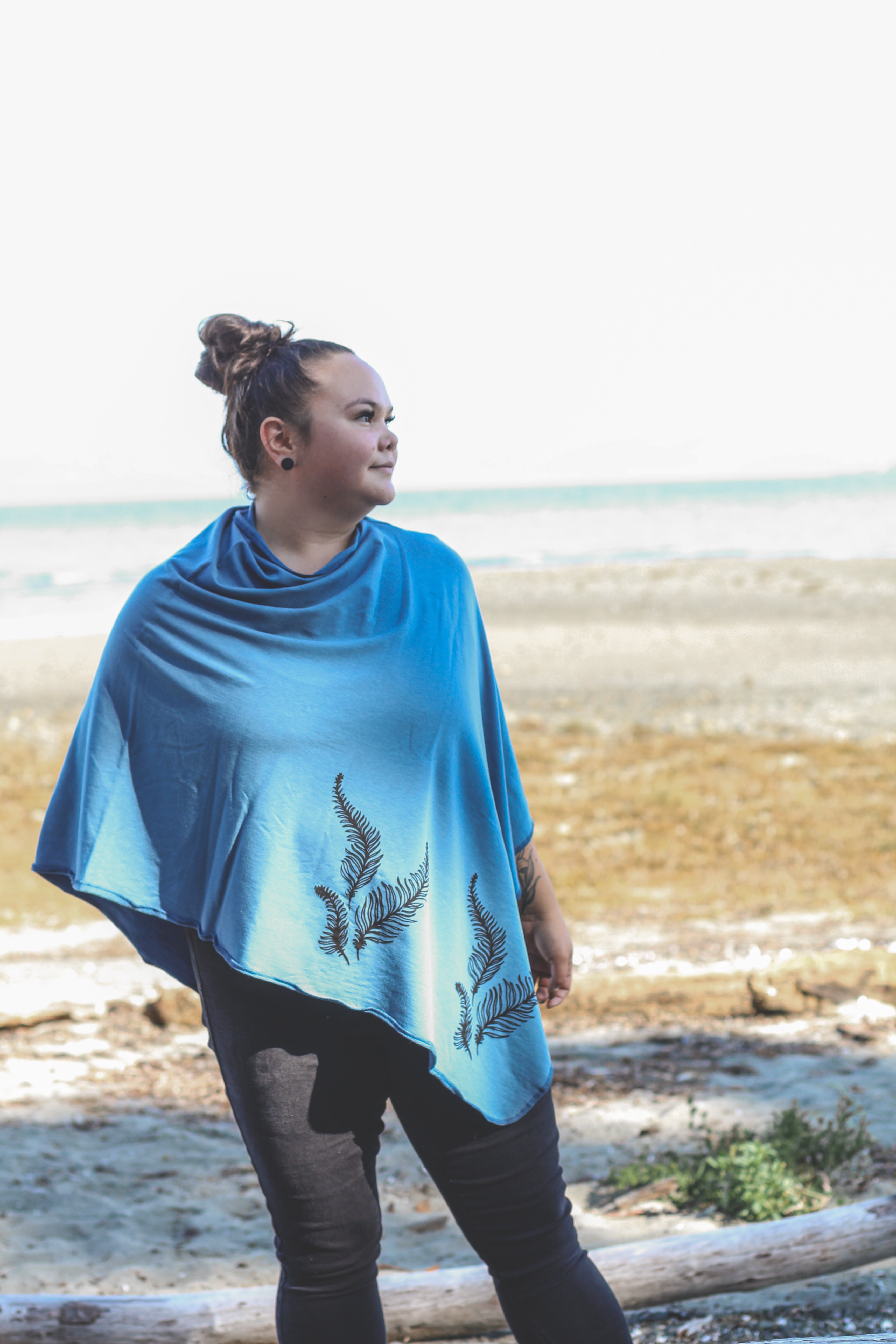 Stellar Blue Poncho with Fern Print
