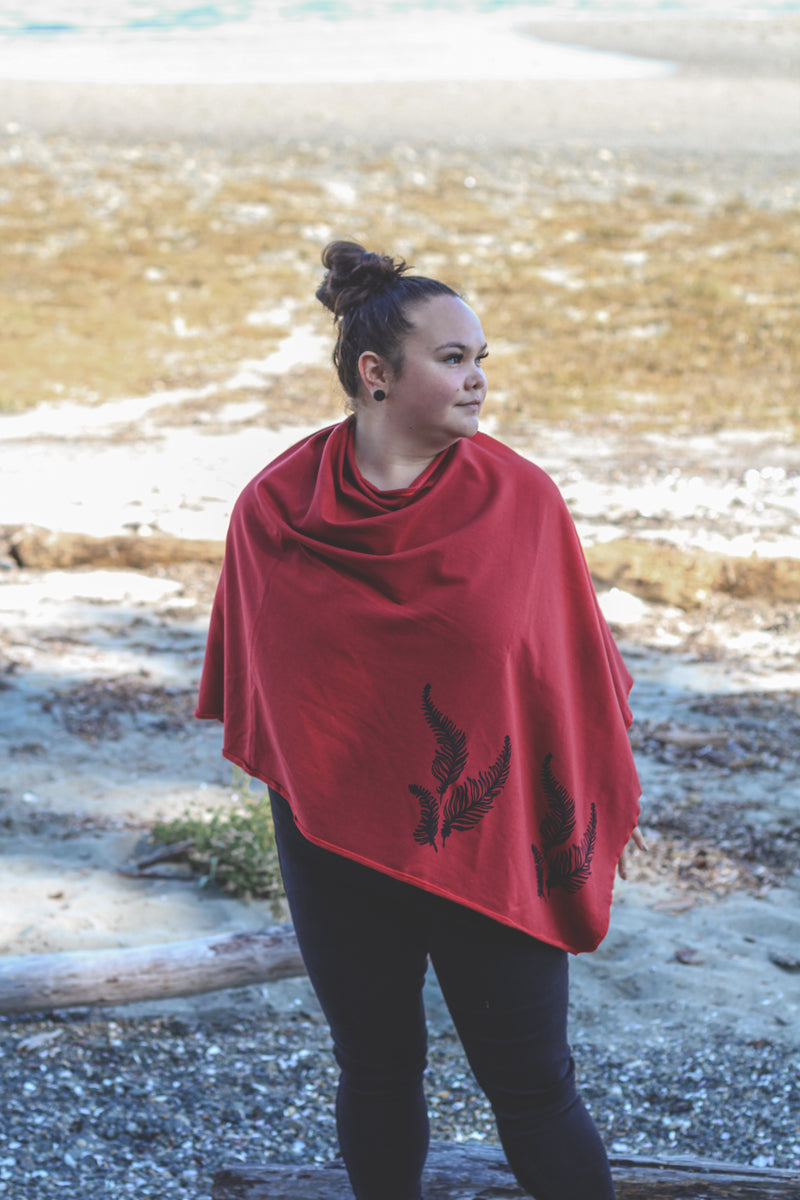 Scarlet Red Poncho with Fern Print