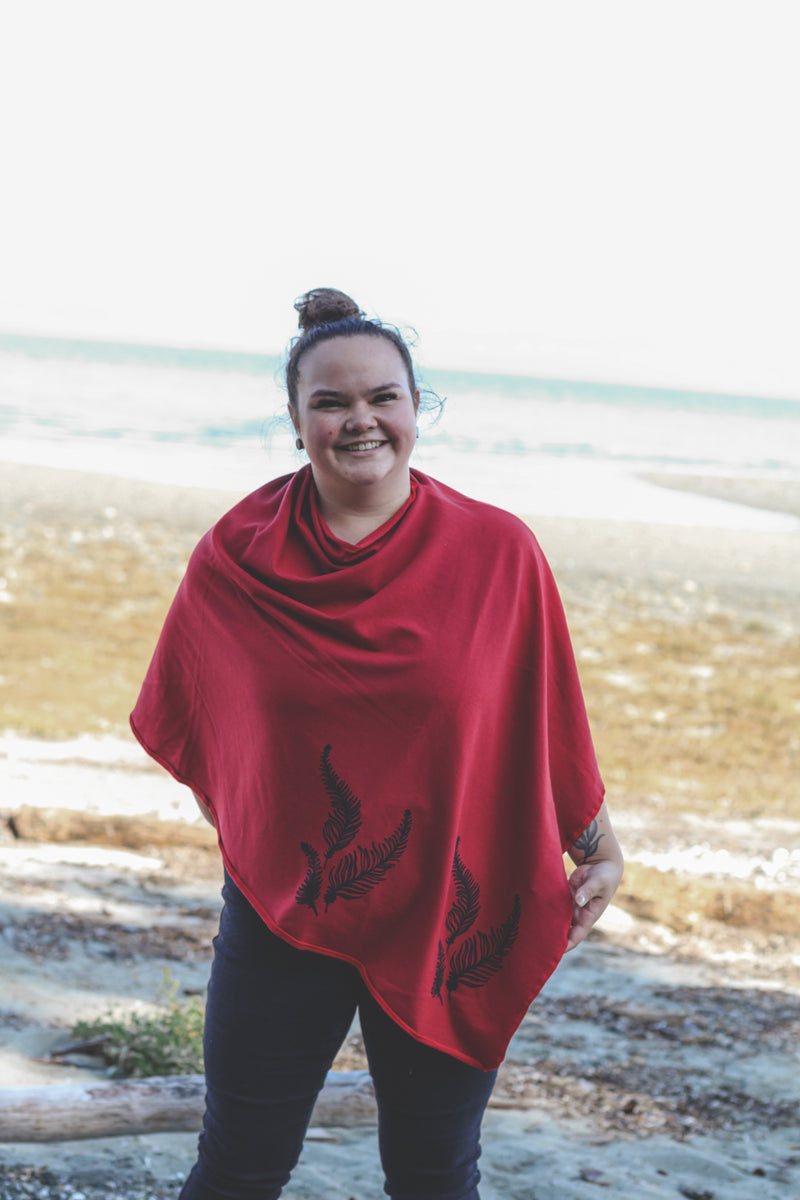 Scarlet Red Tencel Poncho with Fern Print