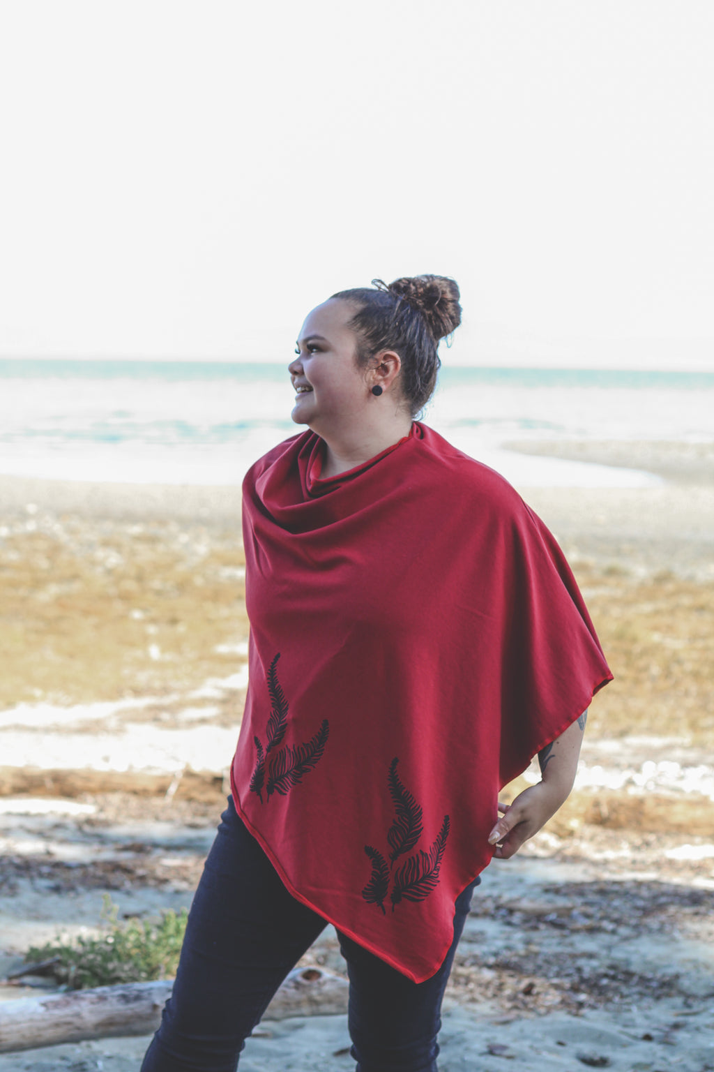 Scarlet Red Poncho with Fern Print