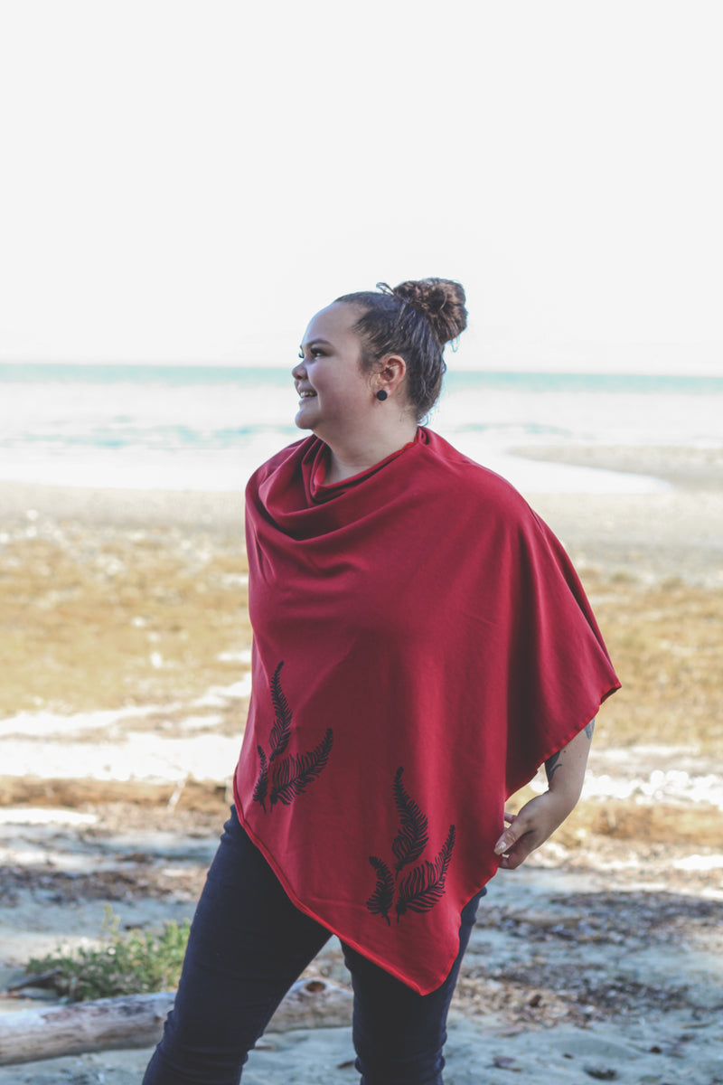 Scarlet Red Tencel Poncho with Fern Print