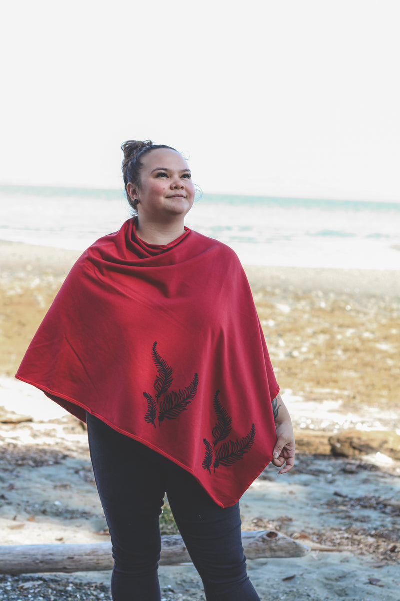 Scarlet Red Tencel Poncho with Fern Print