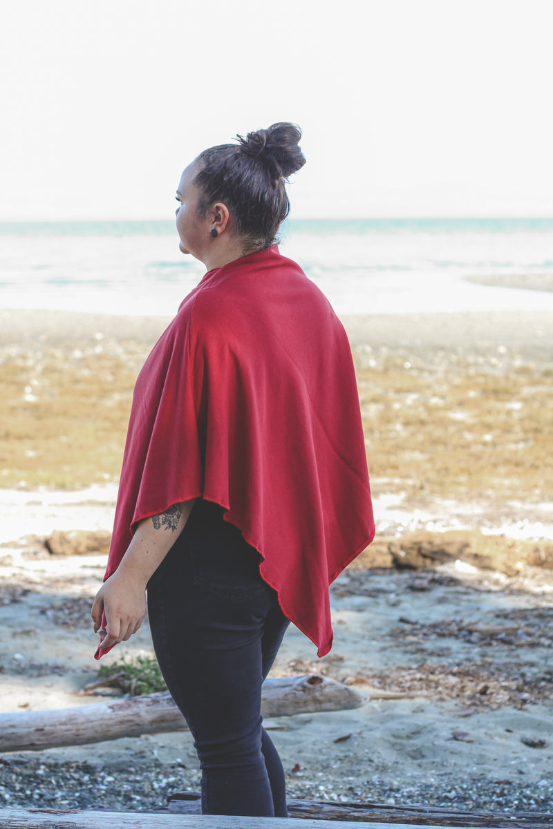 Scarlet Red Poncho with Fern Print