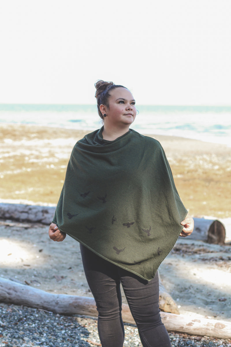 Forest Green Tencel Poncho with Birds Print