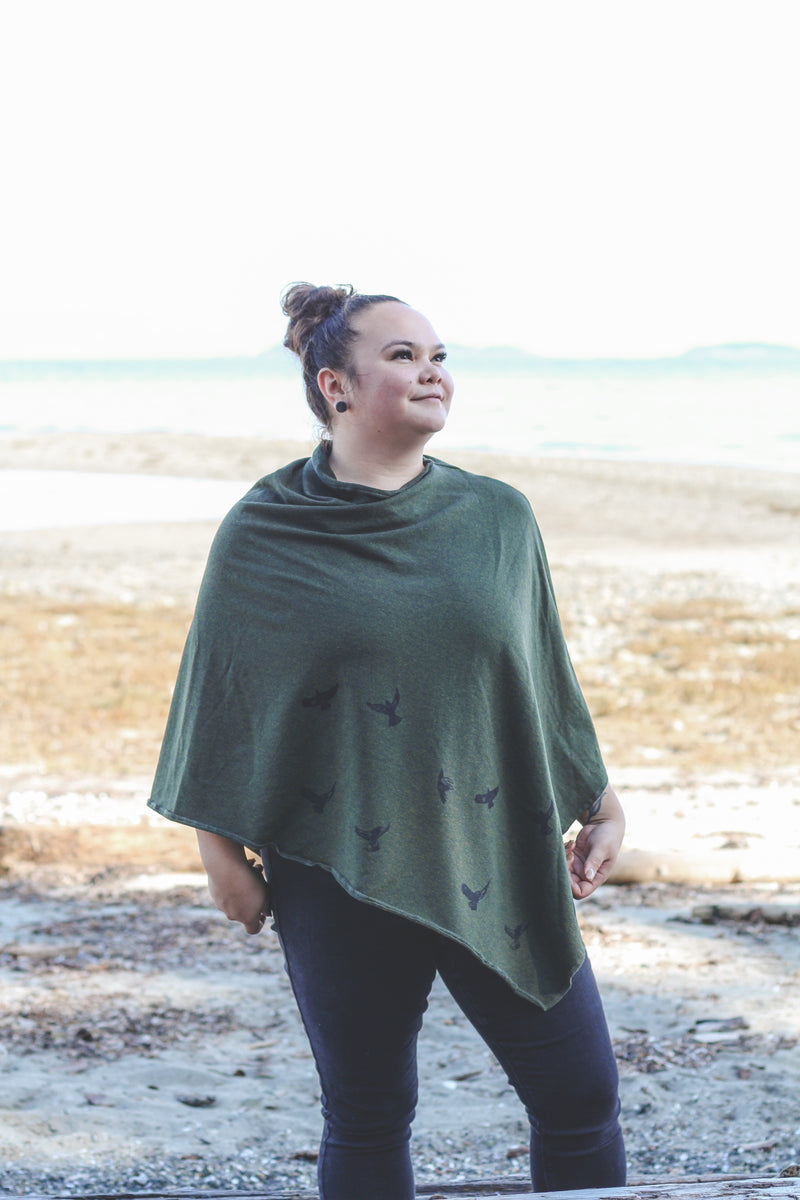 Forest Green Tencel Poncho with Birds Print