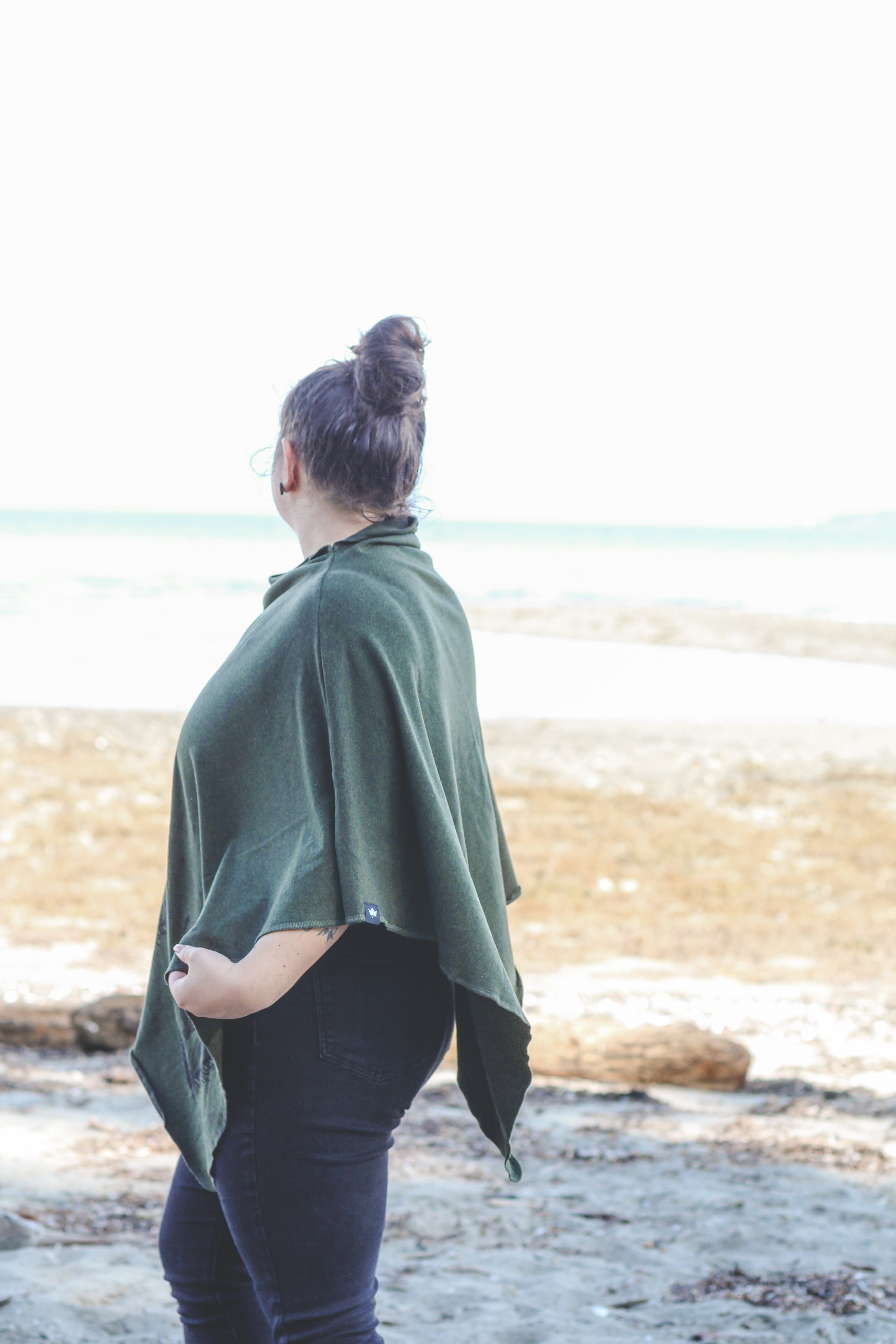 Forest Green Poncho with Birds Print