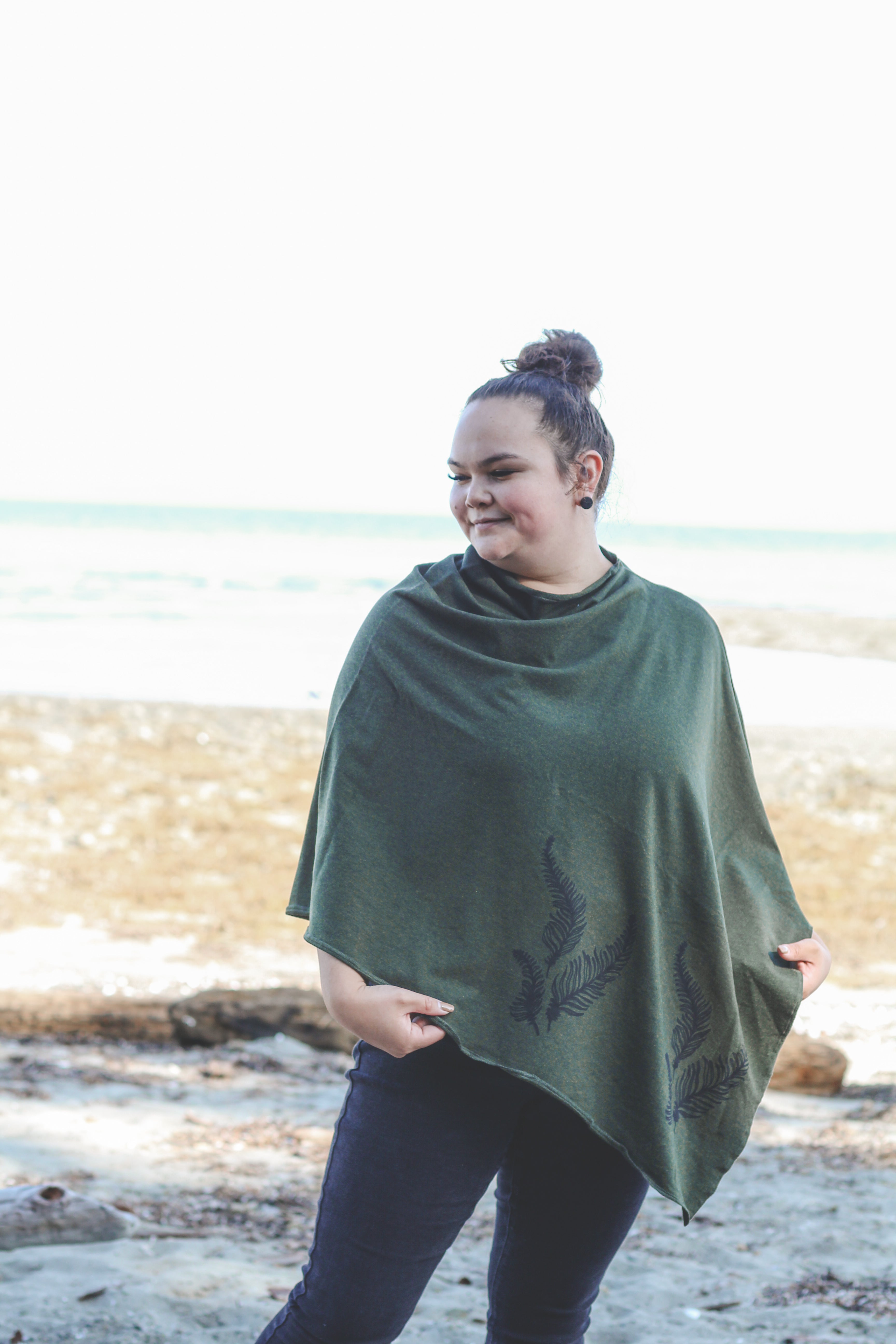 Forest Green Poncho with Fern Print