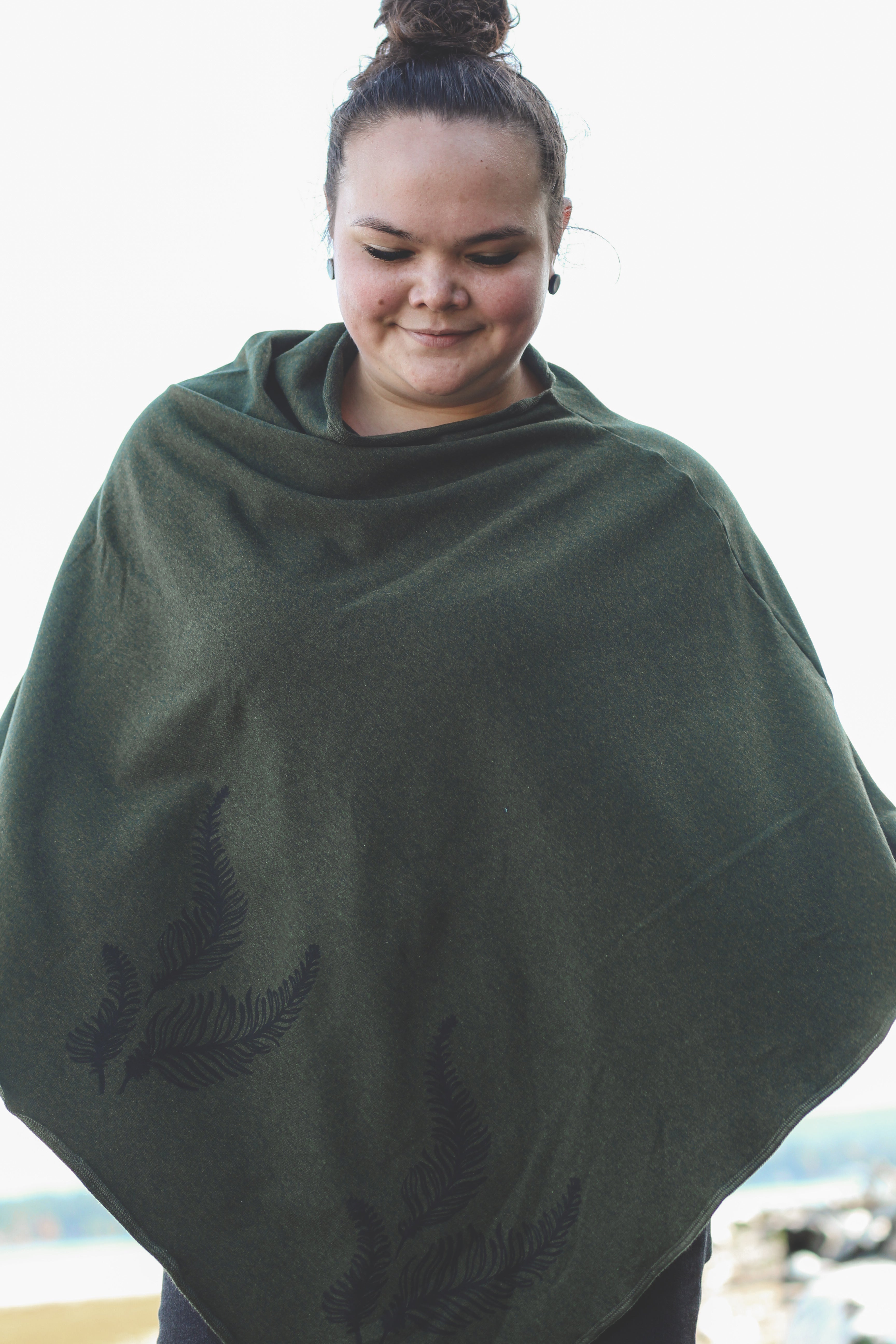 Forest Green Poncho with Fern Print