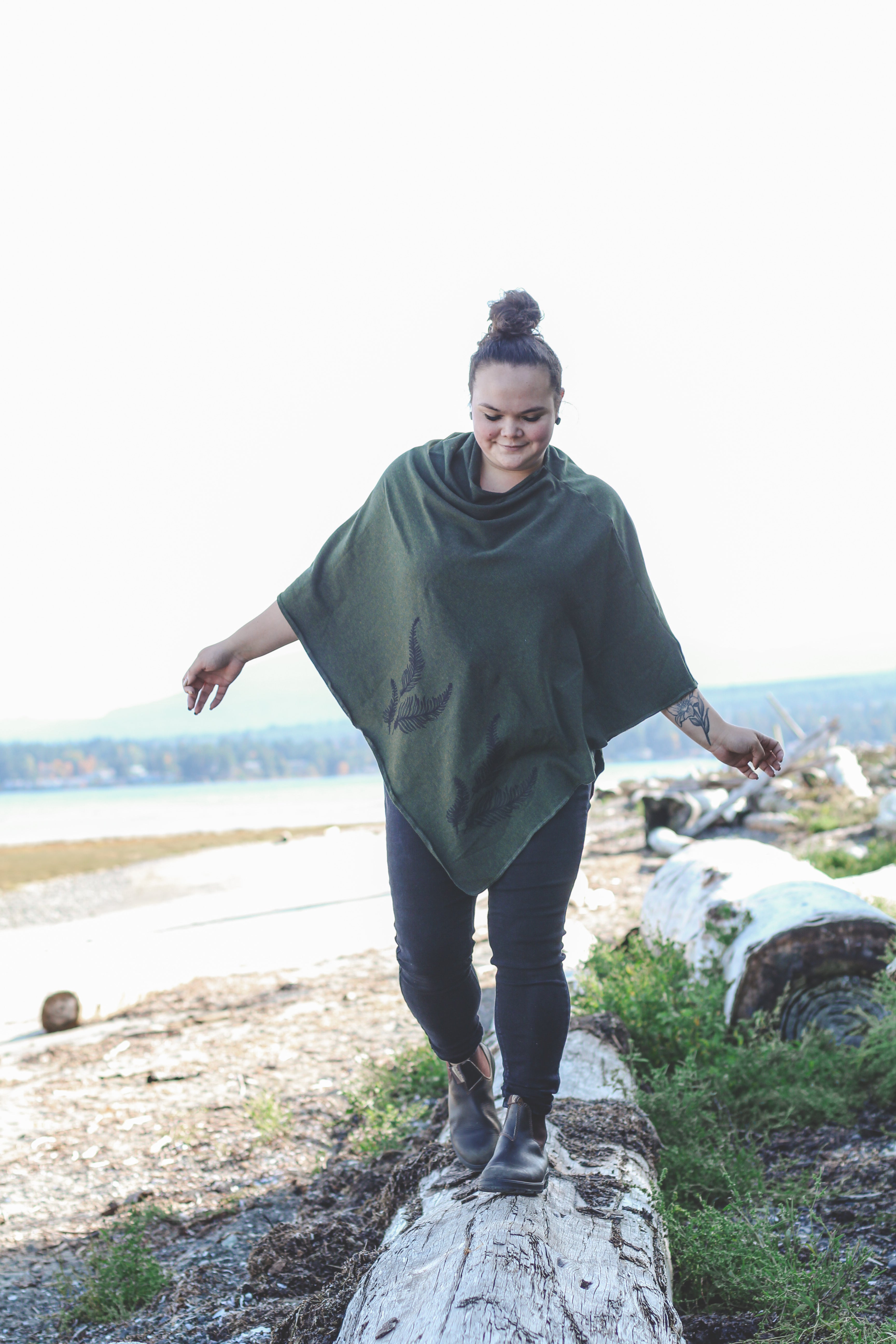 Forest Green Poncho with Fern Print