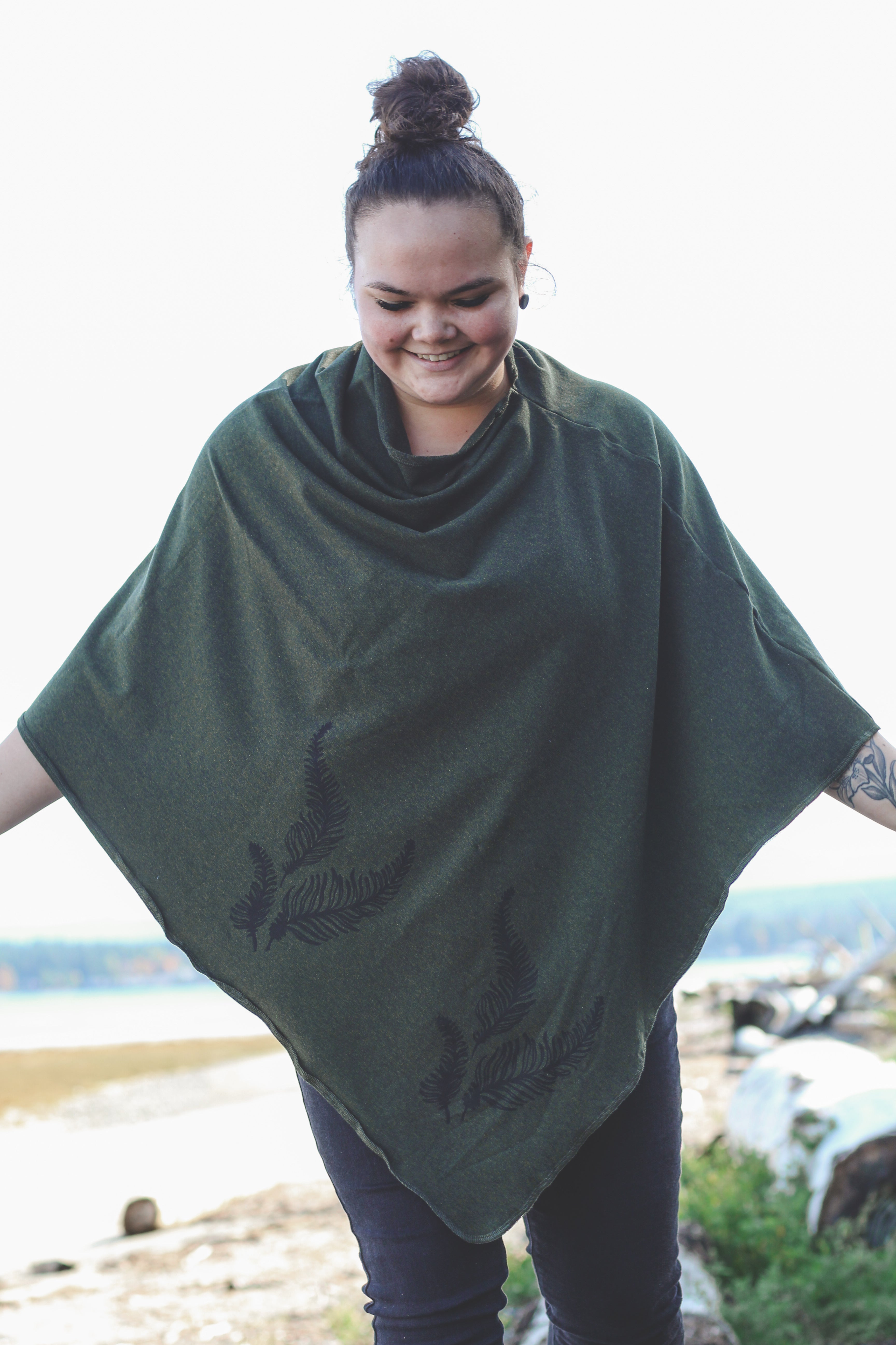 Forest Green Poncho with Fern Print