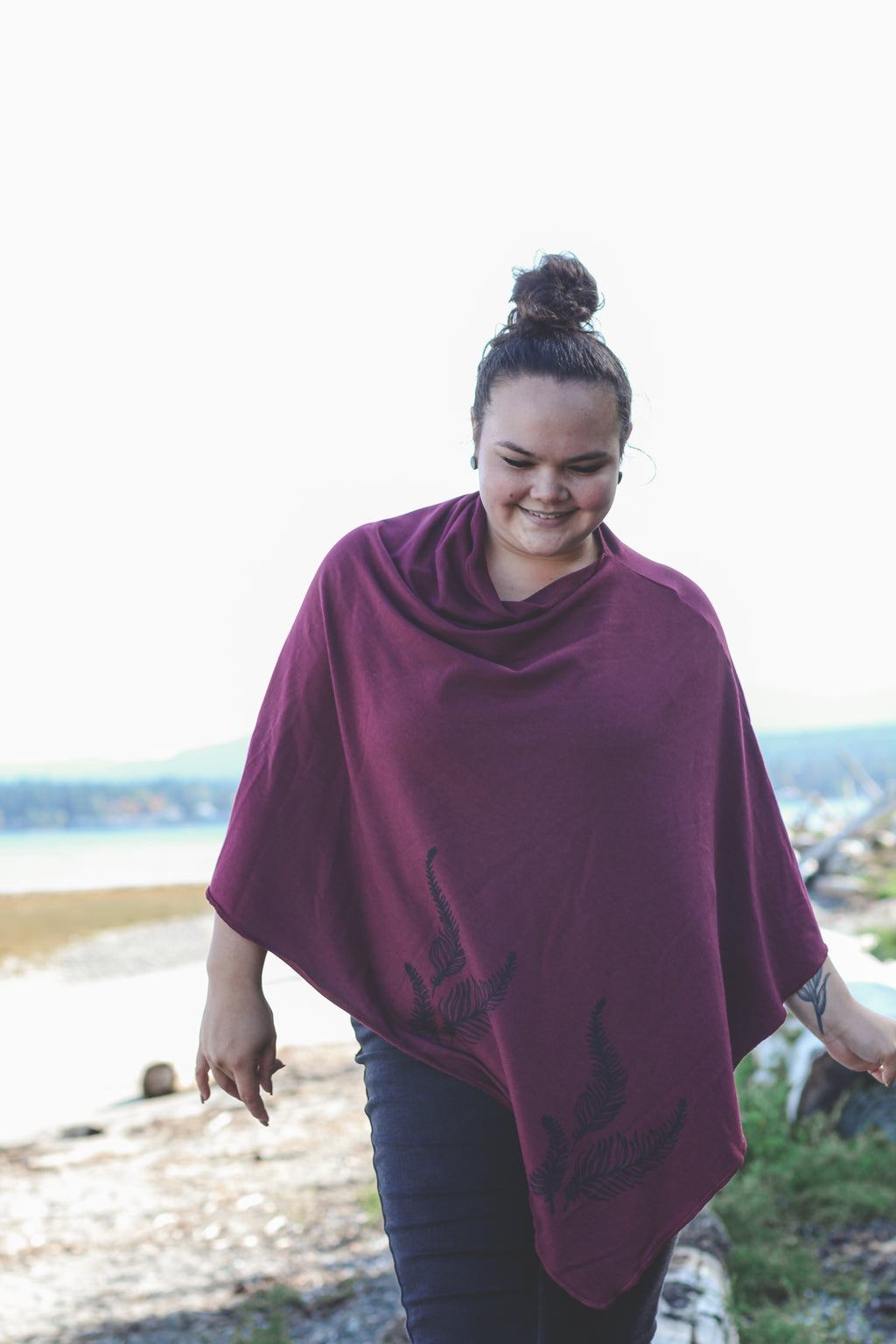 Merlot Poncho with Fern Print