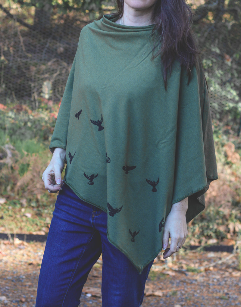 Moss Green Poncho with Birds Print