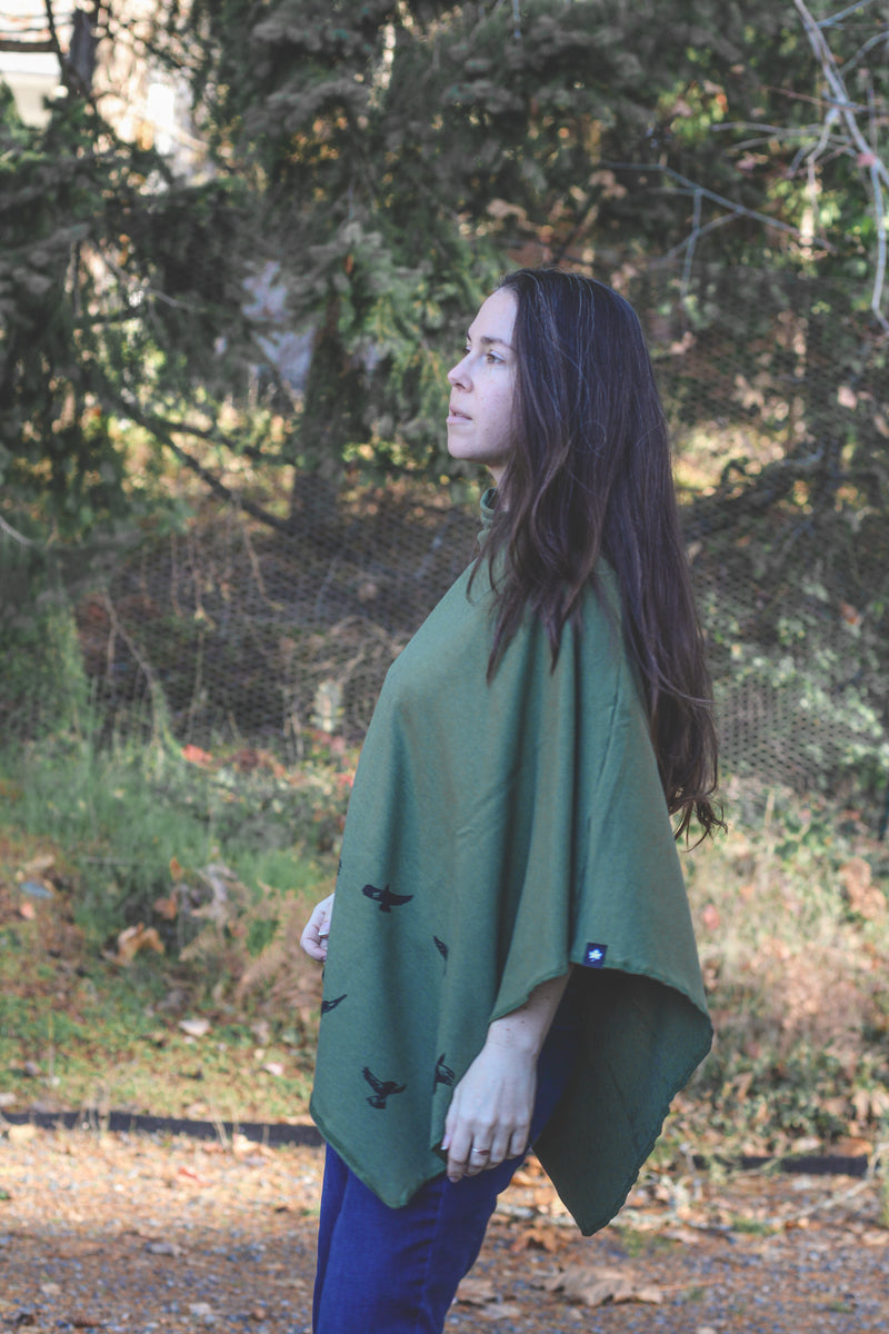 Moss Green Poncho with Birds Print