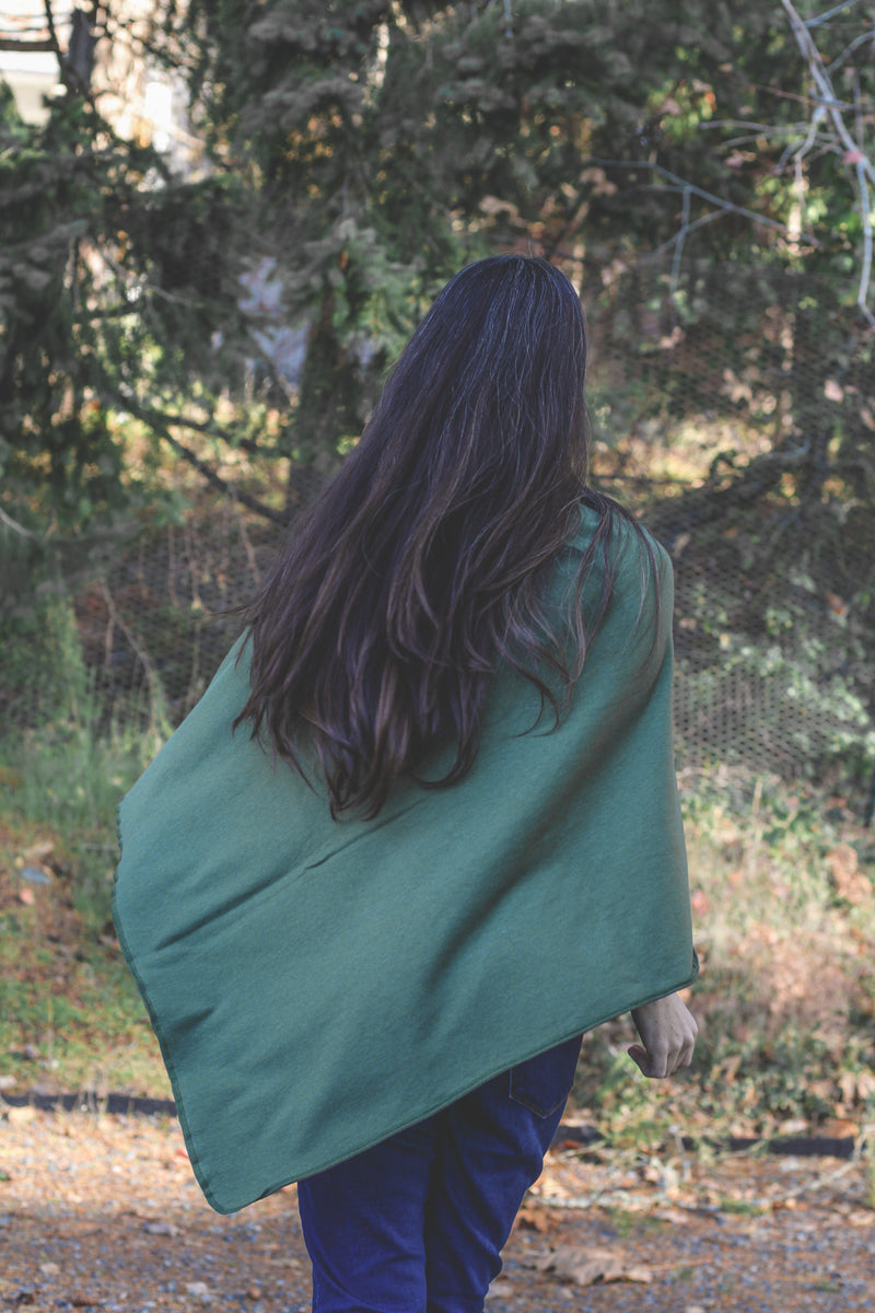 Moss Green Poncho with Birds Print