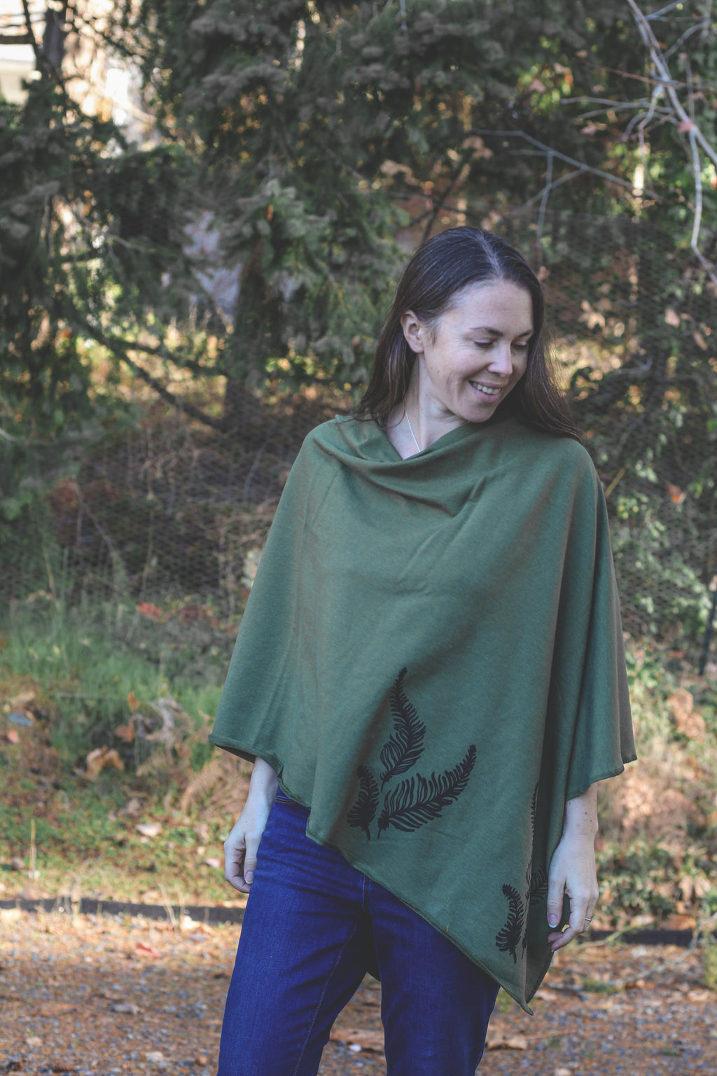 Moss Green Poncho with Fern Print
