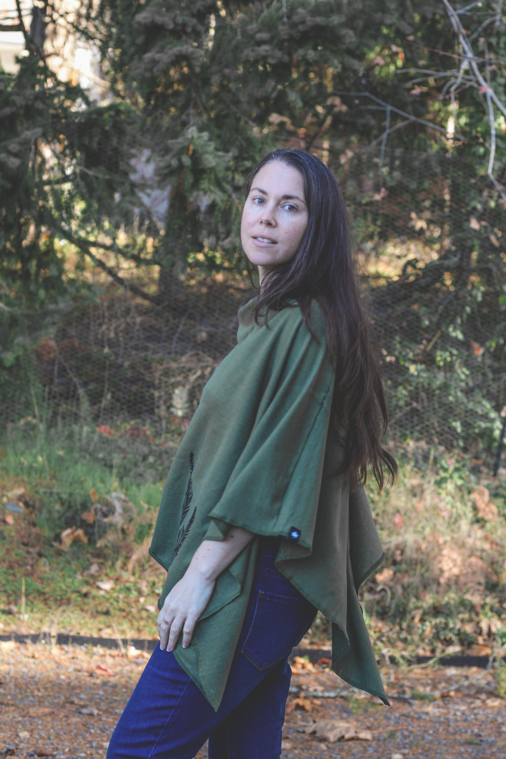 Moss Green Tencel Poncho with Fern Print