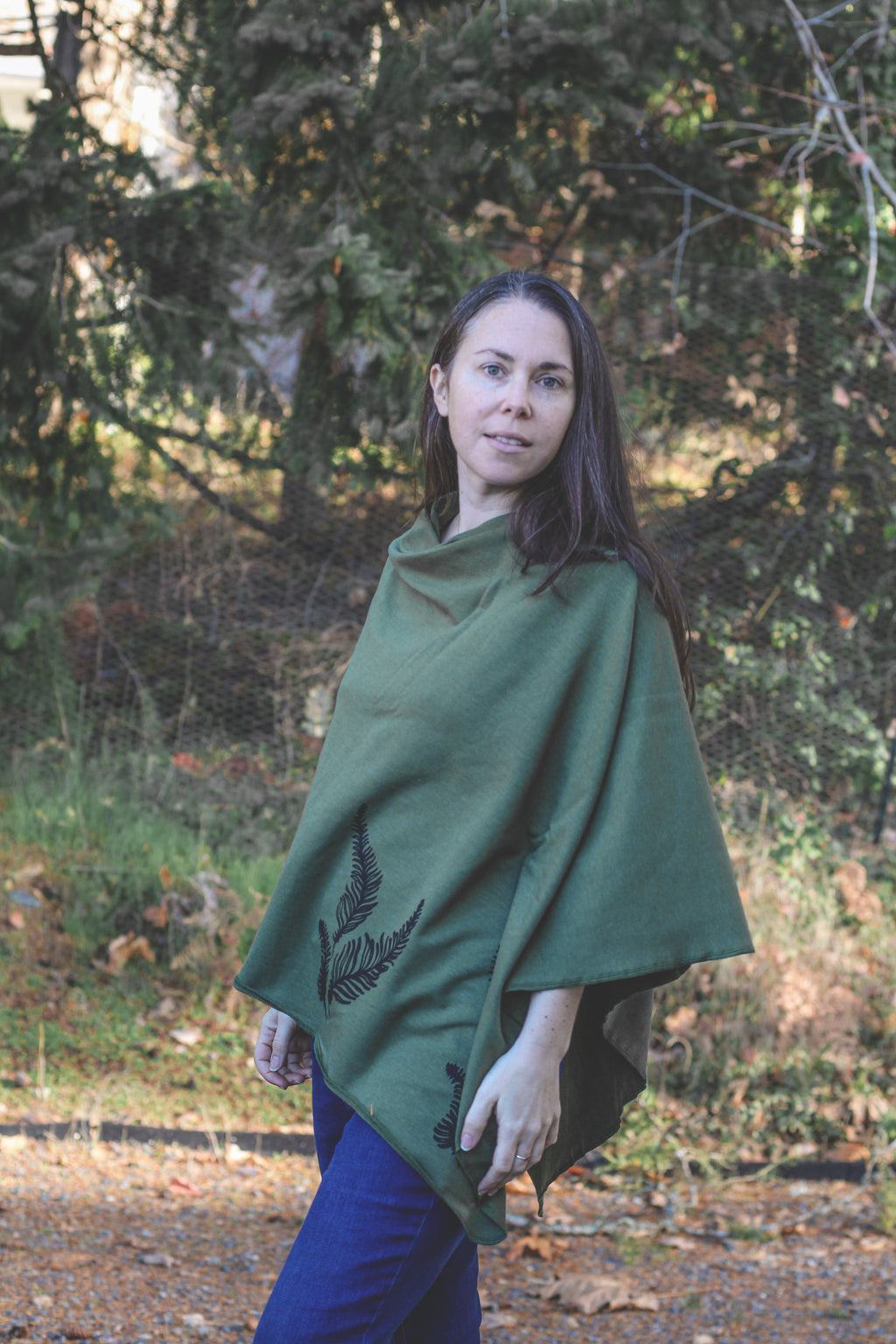 Moss Green Poncho with Fern Print