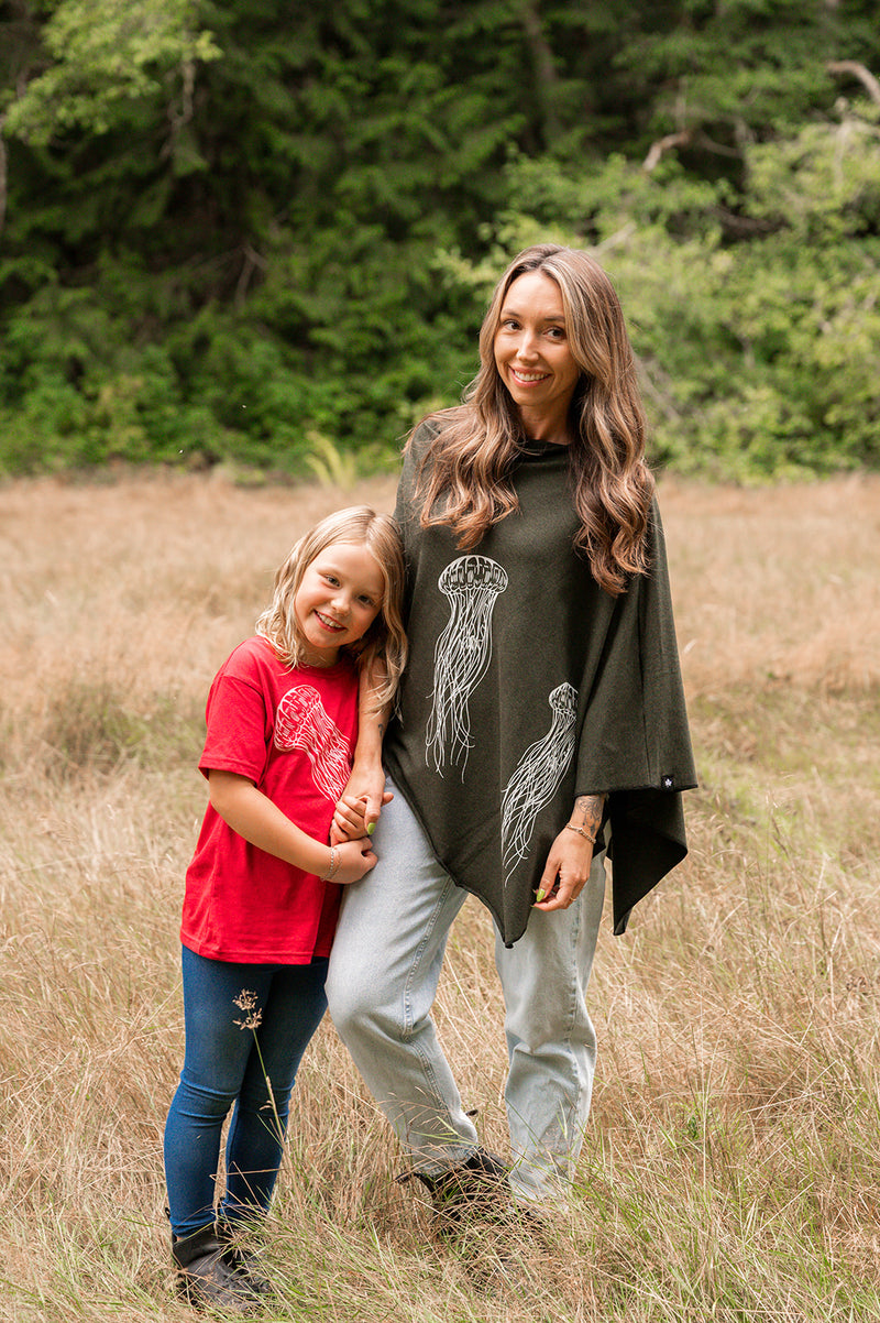 Forest Green Poncho with Jellyfish Print