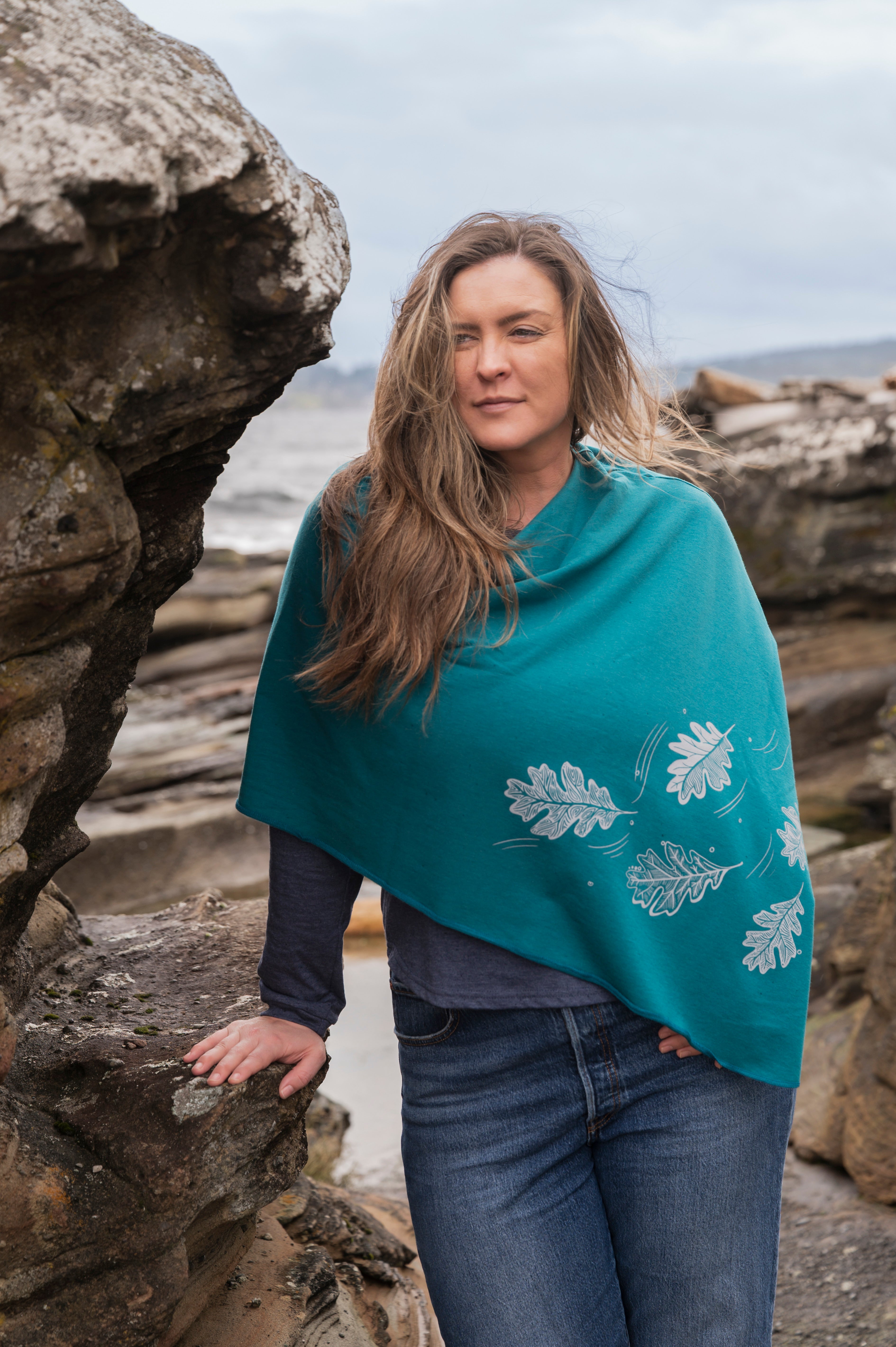 Peacock Poncho with Oak Leaves Print