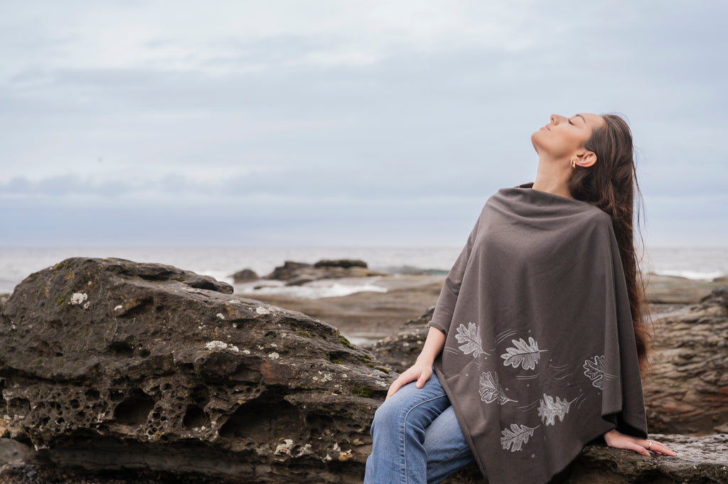 Charcoal Poncho with Oak Leaves Print