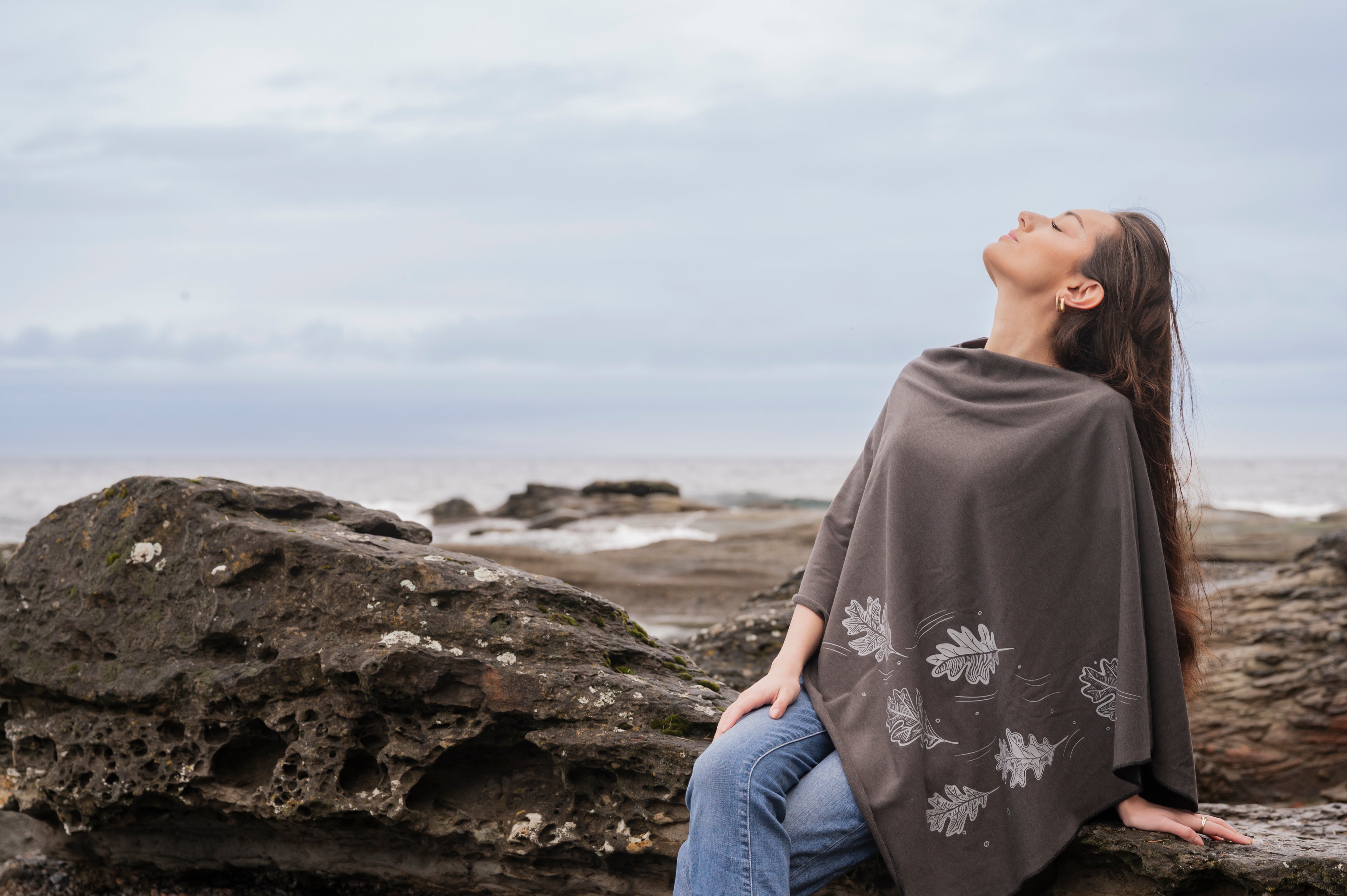 Charcoal Poncho with Oak Leaves Print