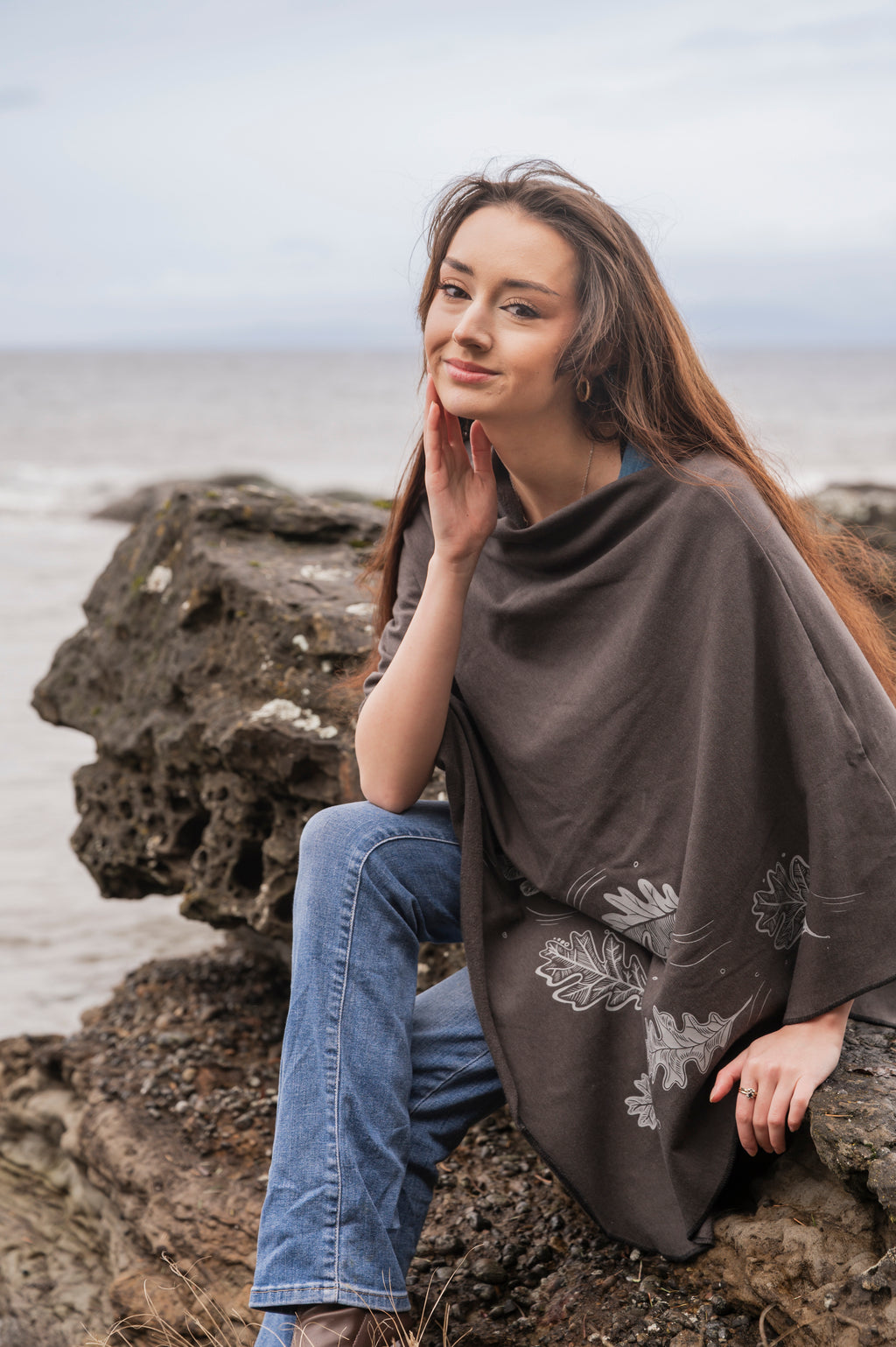 Charcoal Poncho with Oak Leaves Print