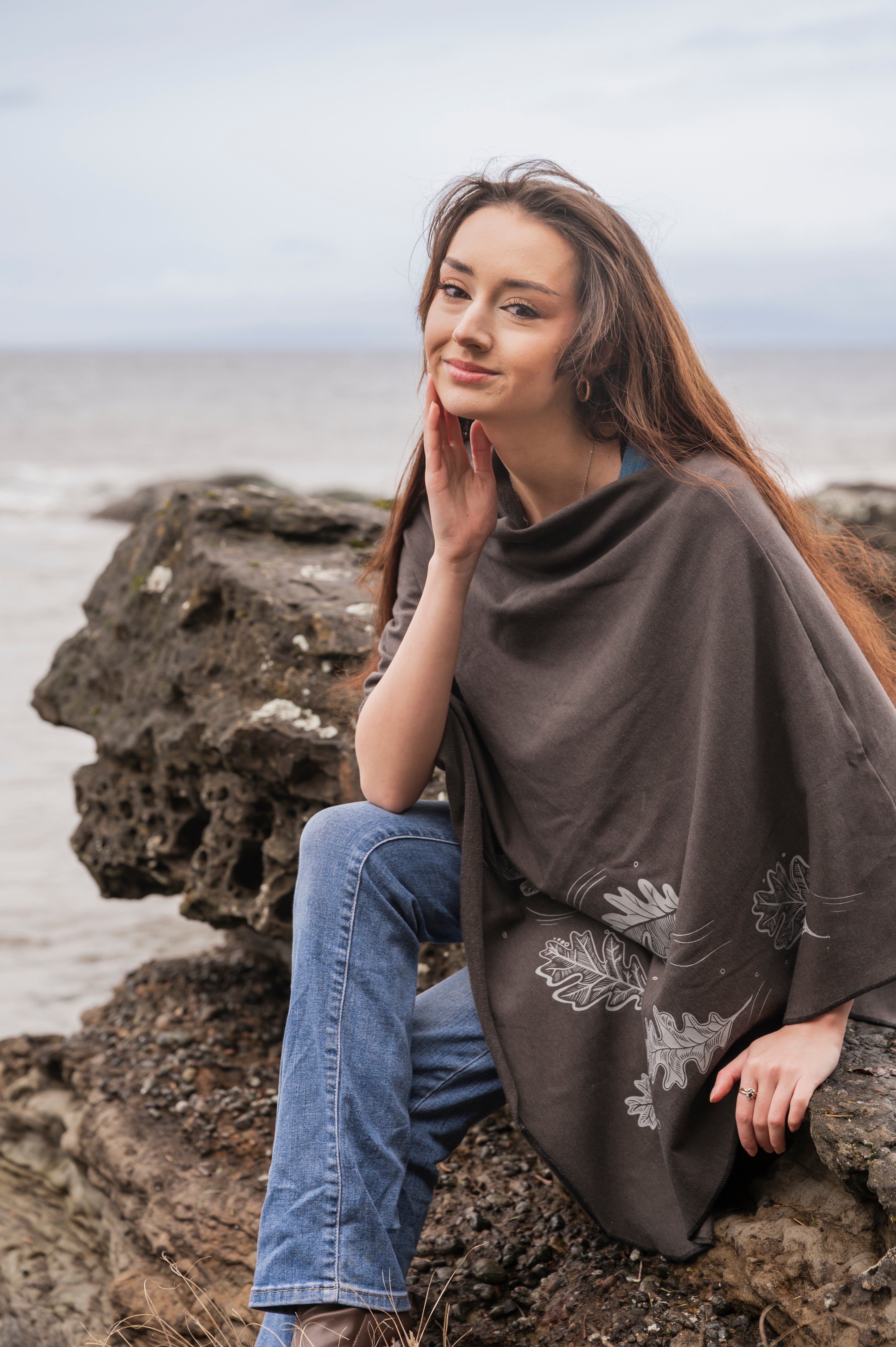 Charcoal Poncho with Oak Leaves Print