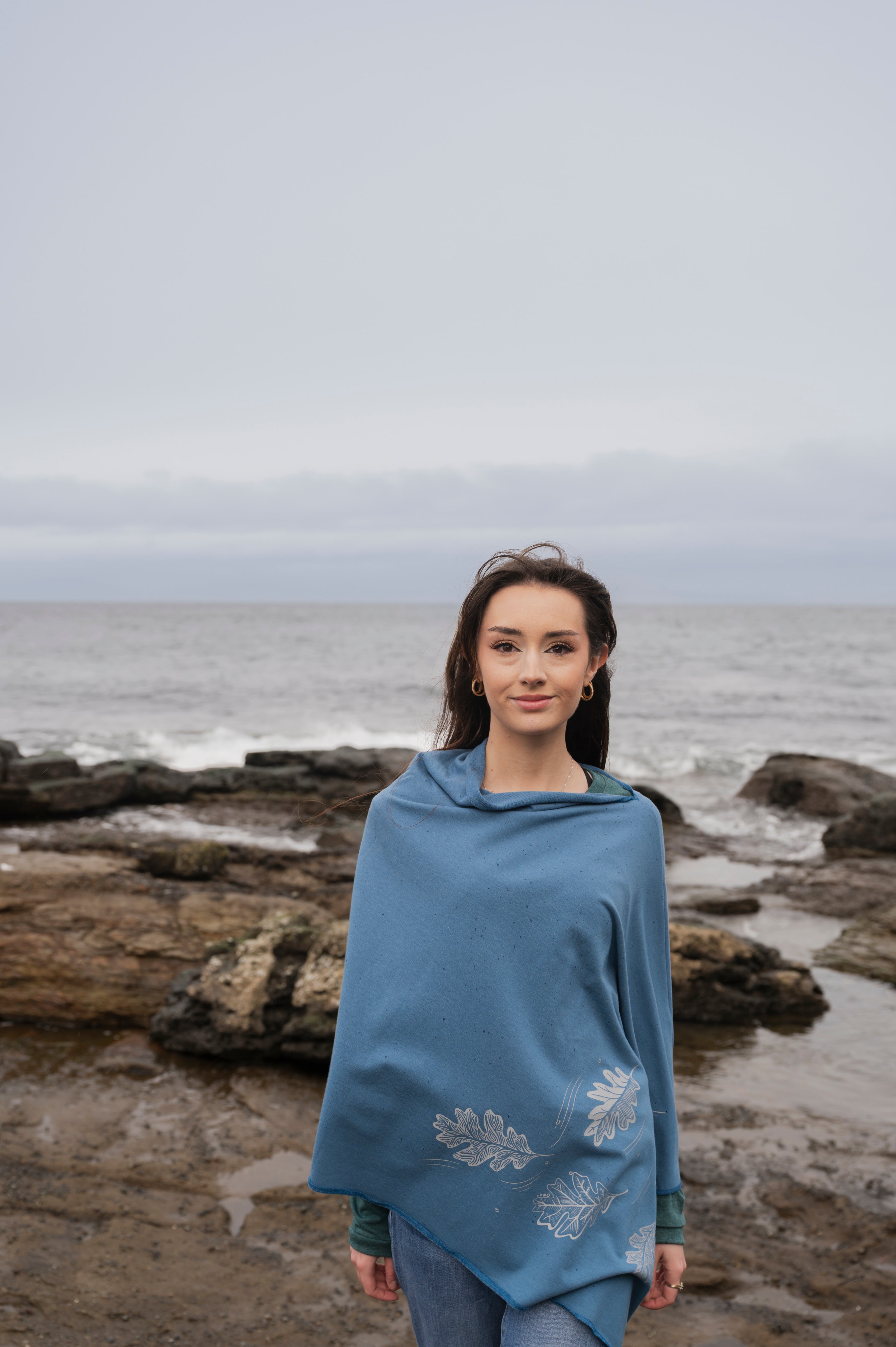 Stellar Blue Poncho with Oak Leaves Design