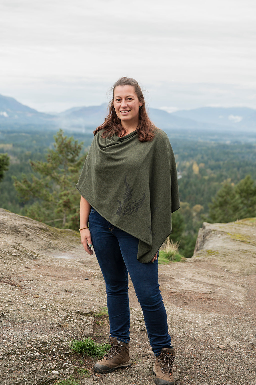 Forest Green Poncho with Fern Print