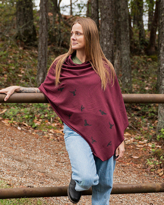 Merlot Poncho with Birds Print