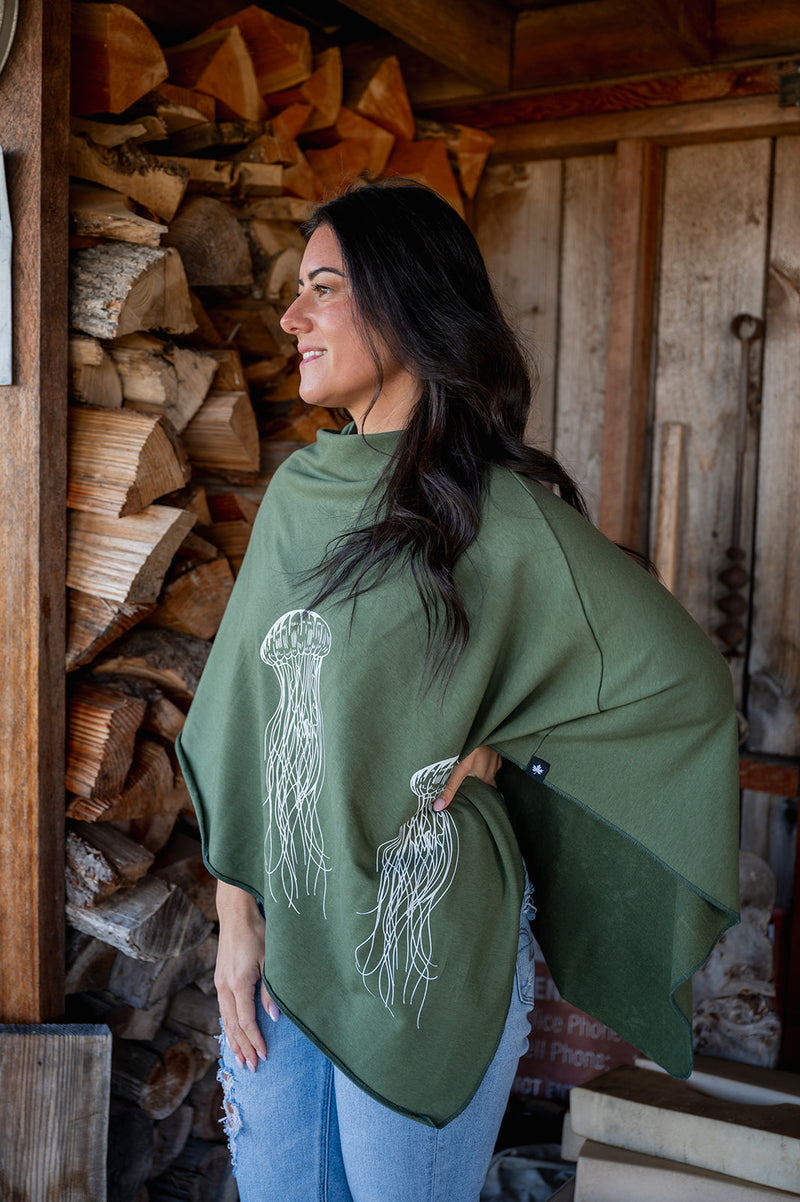 Moss Green Poncho with Jellyfish Print