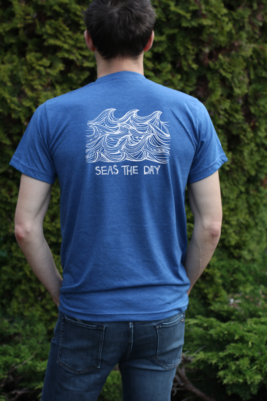 MEOPAR & SEAS THE DAY - Crest - Unisex Eco Tee - Heather Blue