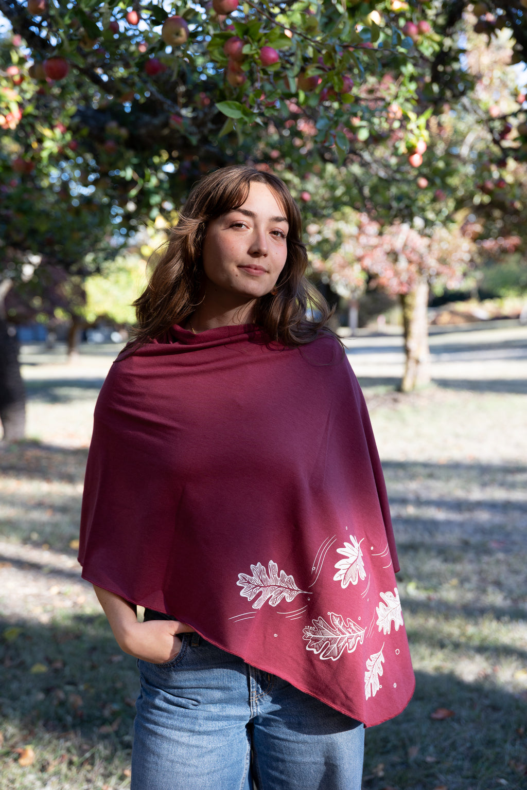Raspberry Poncho with Oak Leaves Design