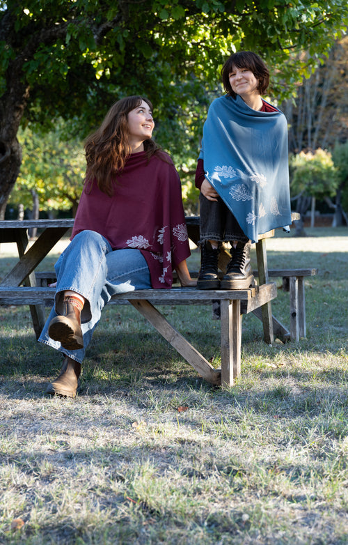 Raspberry Poncho with Oak Leaves Design