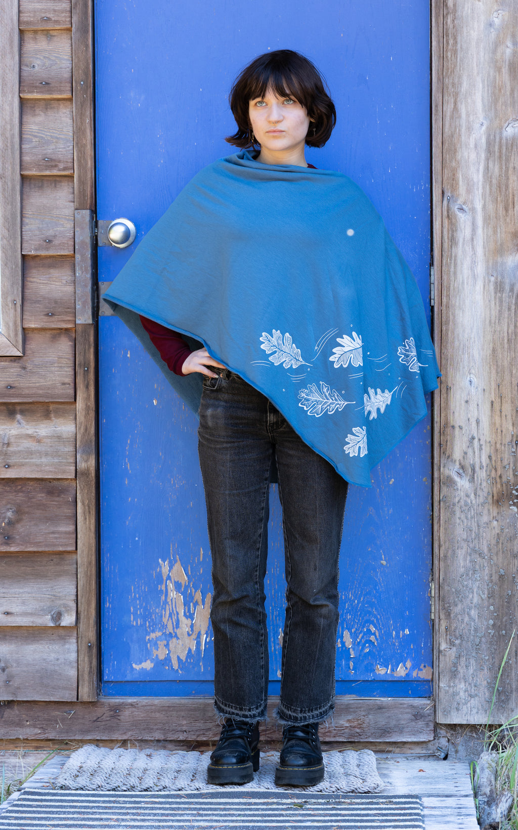 Stellar Blue Poncho with Oak Leaves Design
